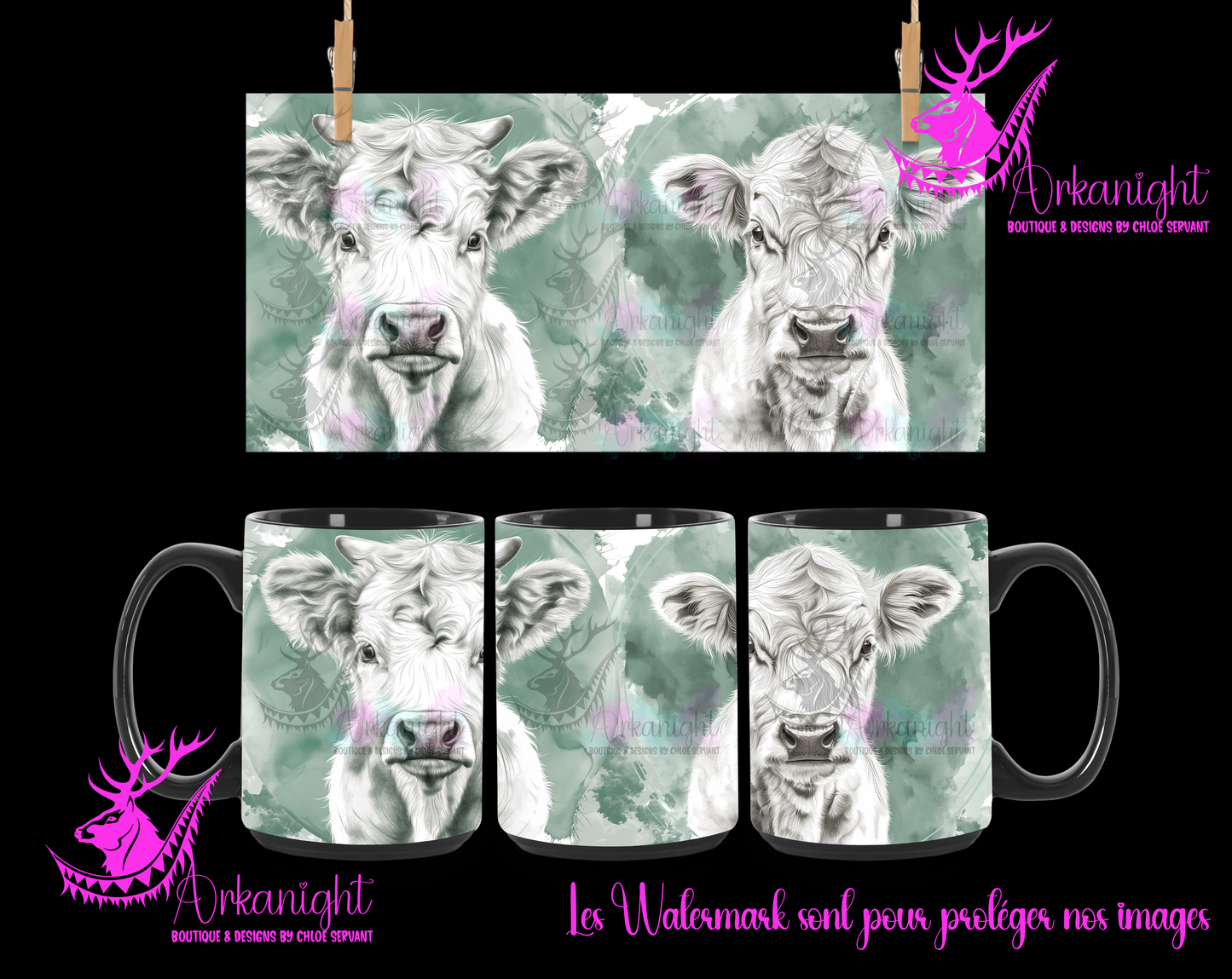 Tasse en céramique sur commande - Lines Art - Baby White Highland cow
