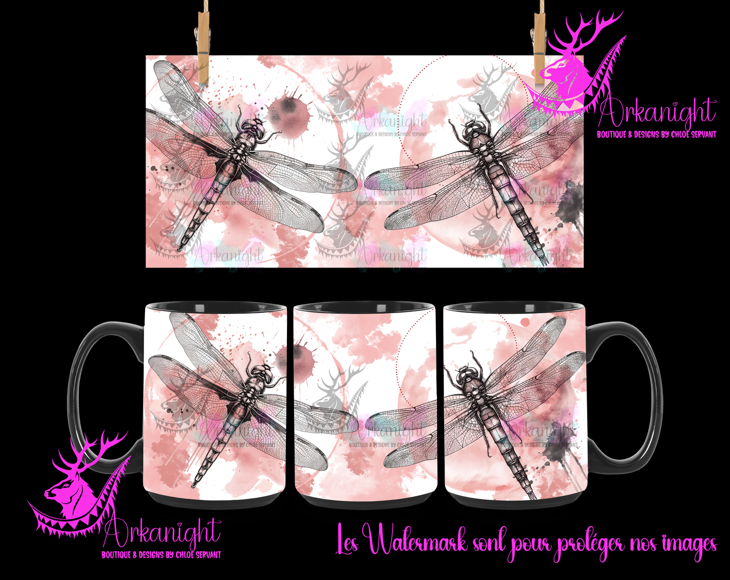 Tasse en céramique sur commande - Lines Art - Vintage Dragonfly