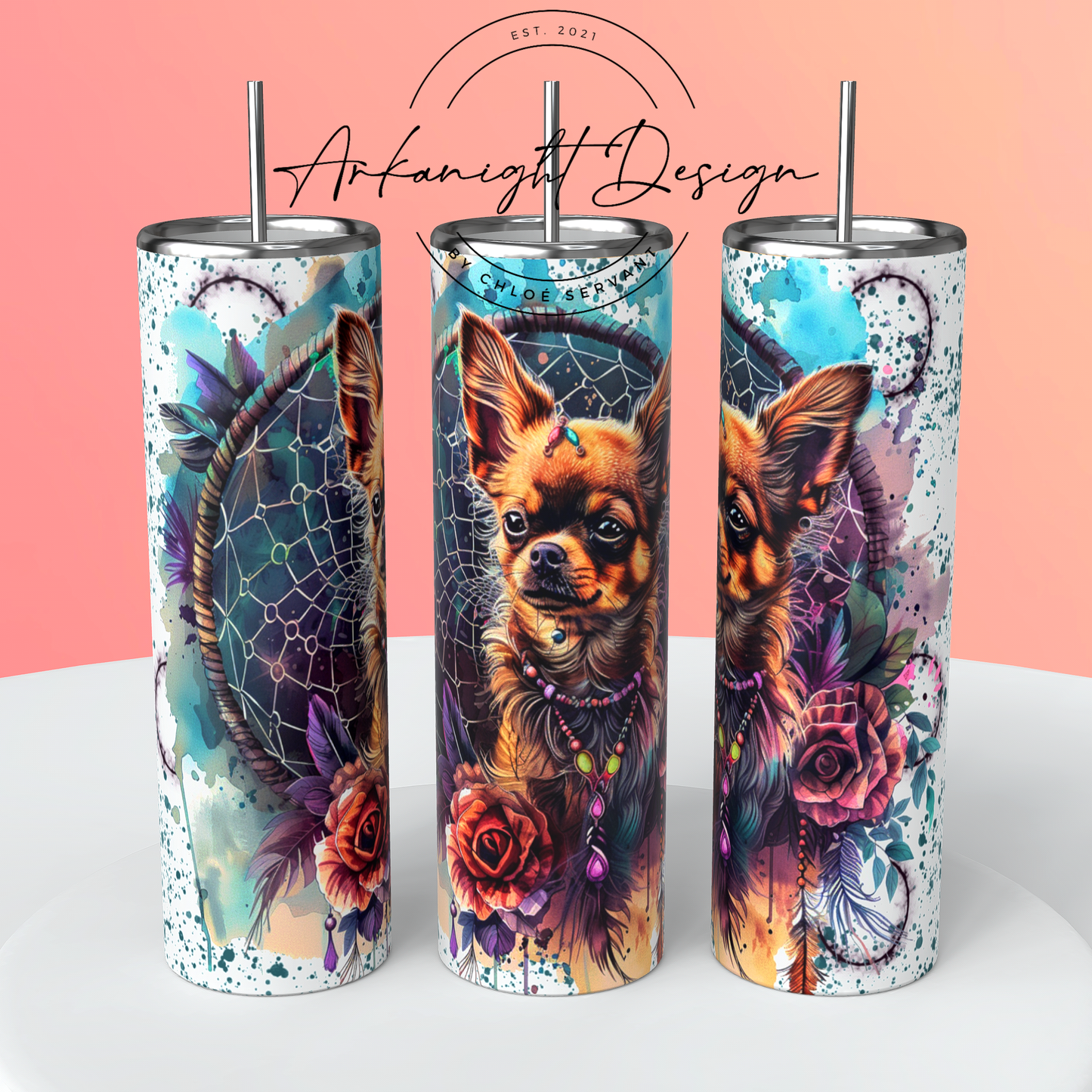 Gourde sur commande - Watercolor Boho Brown & Fire Chihuahua - 02