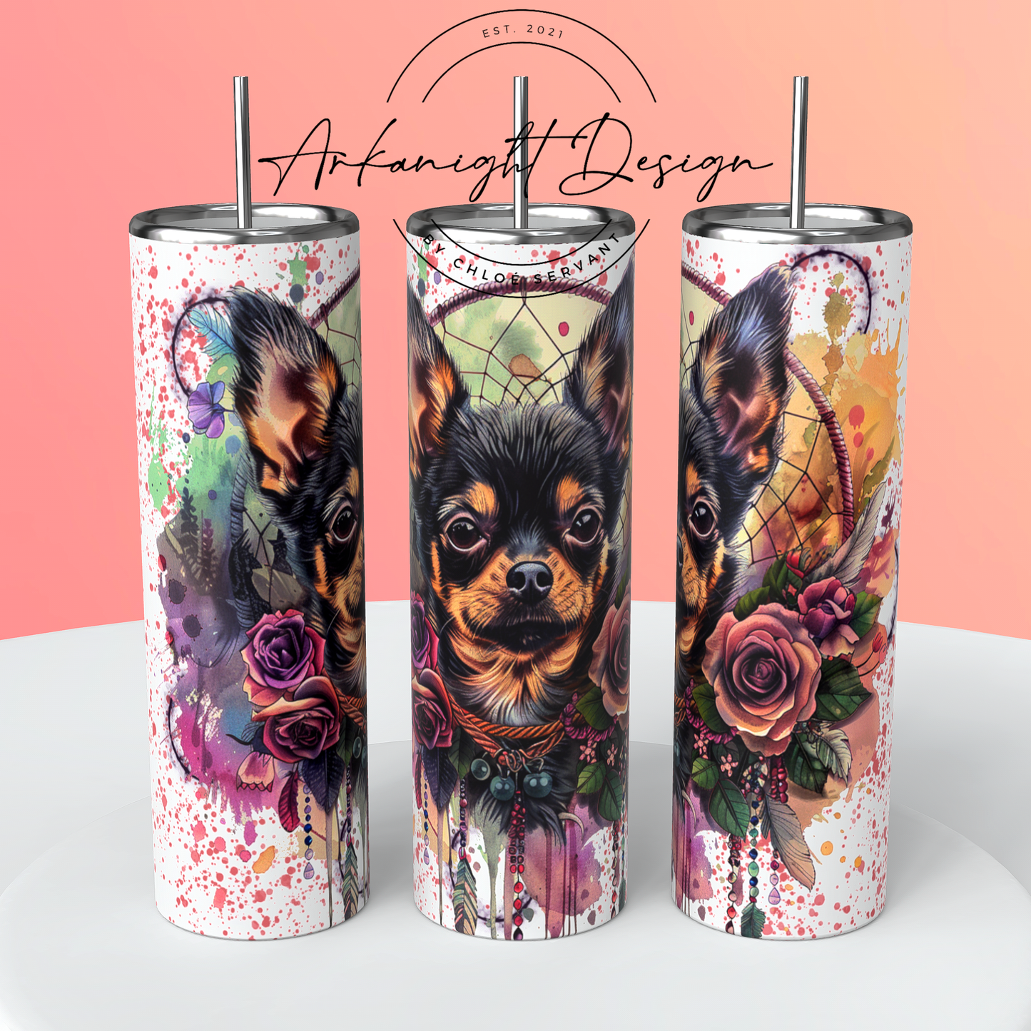 0028 - Gourde - Watercolor Boho Black & Tan Chihuahua