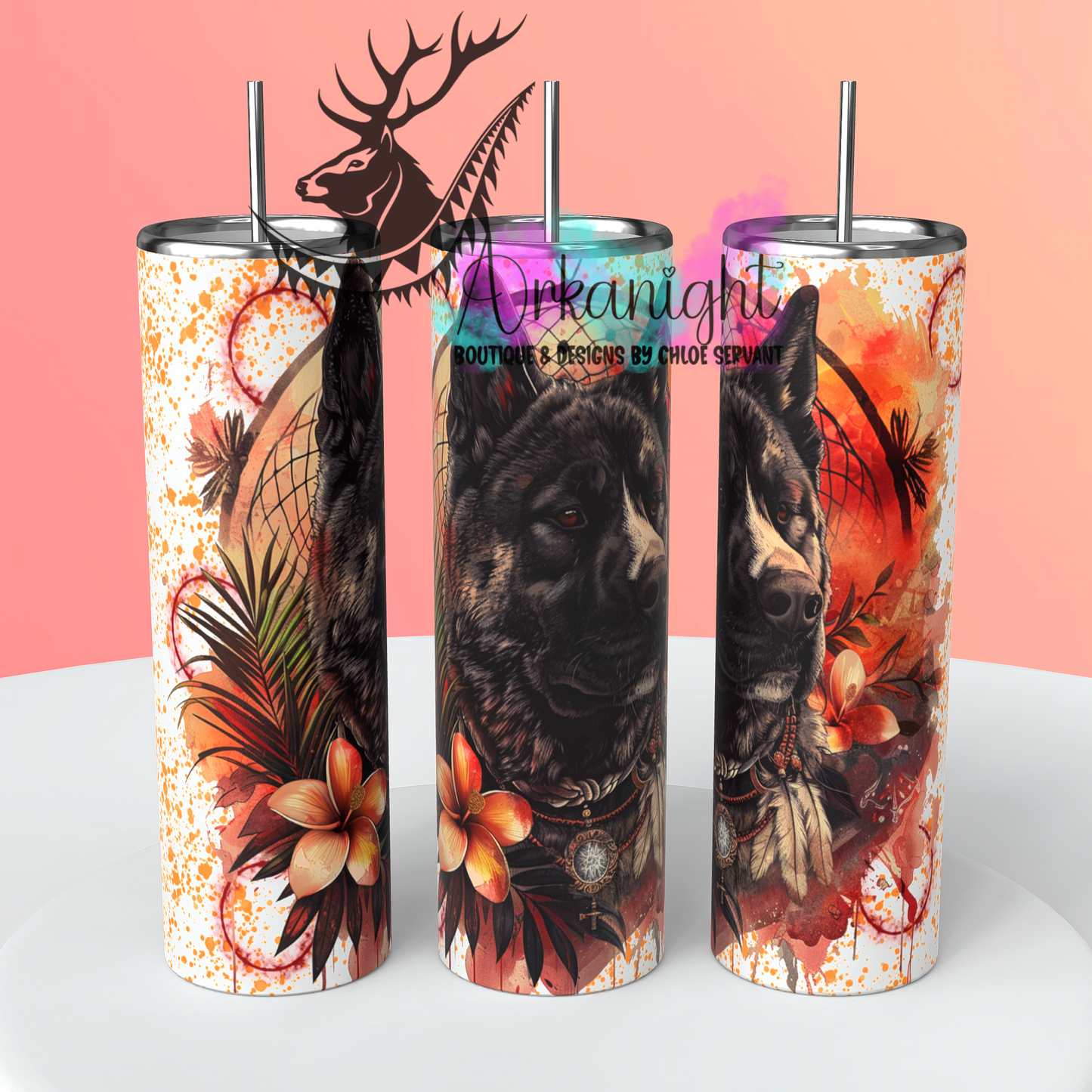 Gourde sur commande - Watercolor Boho American Akita - 02