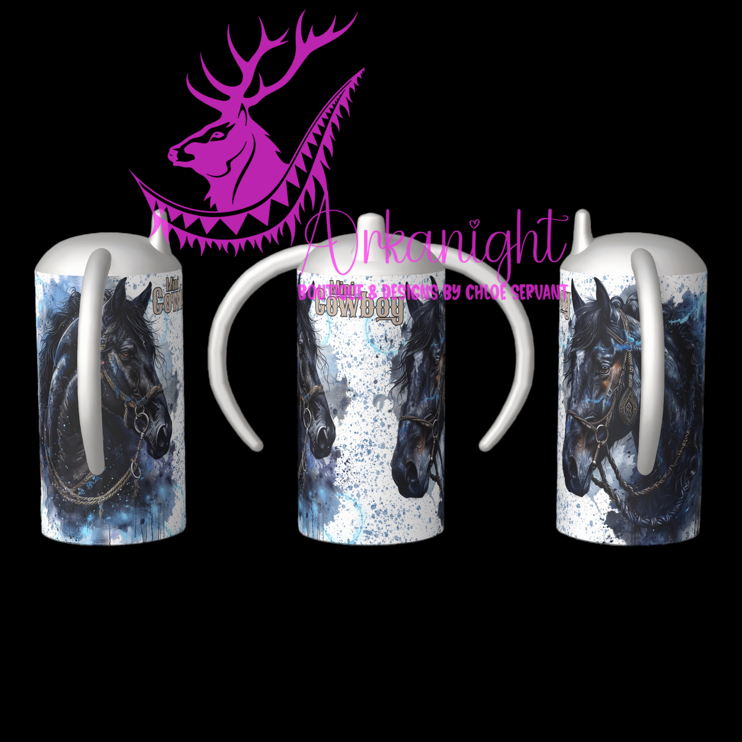 Gourde - Biberon Évolutif sur commande - Watercolor Black Horses - Mini Cowboy