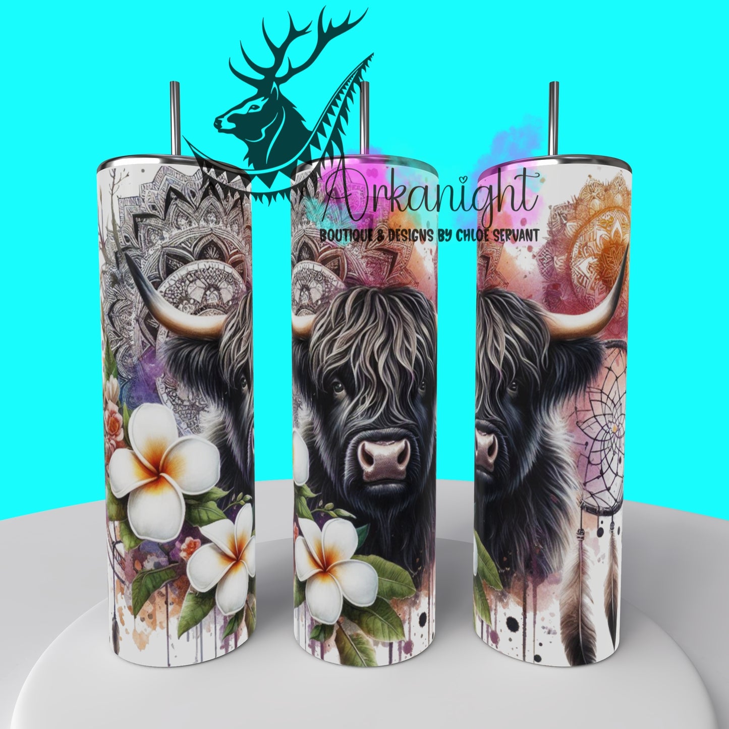Gourde sur commande - Mandalas Highland cow Black