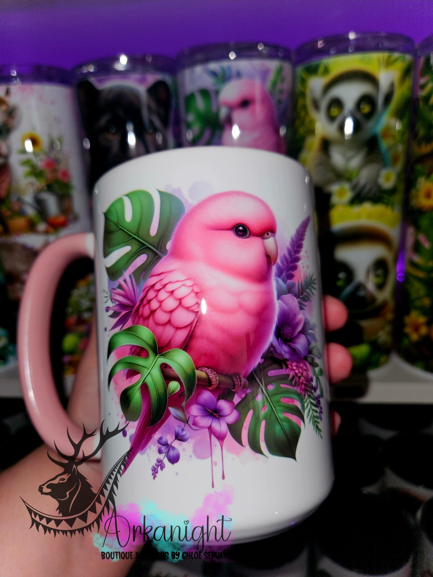 Tasse en céramique sur commande - Monstera & Animals - Oiseau Rose
