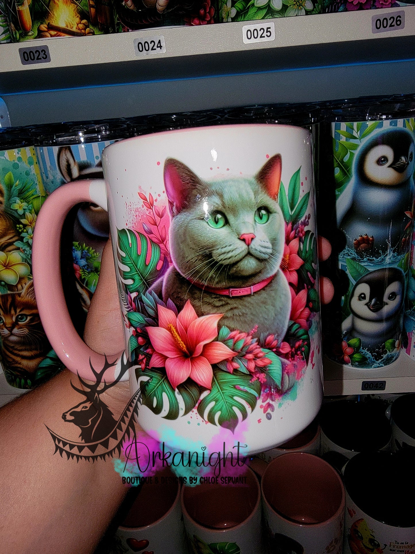 Tasse en céramique sur commande - Monstera & Chat - Gris Poil Court