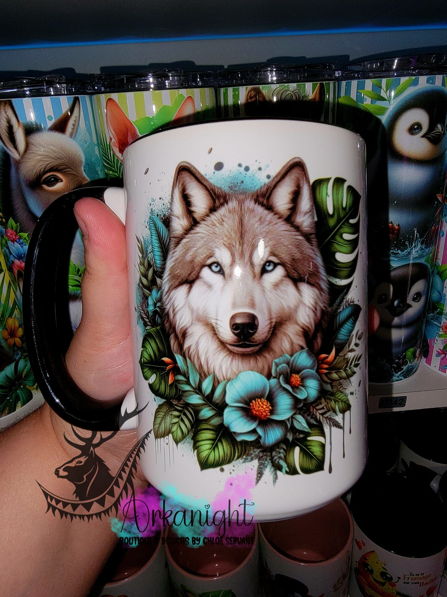 Tasse en céramique sur commande - Monstera & animals - Loup Gris