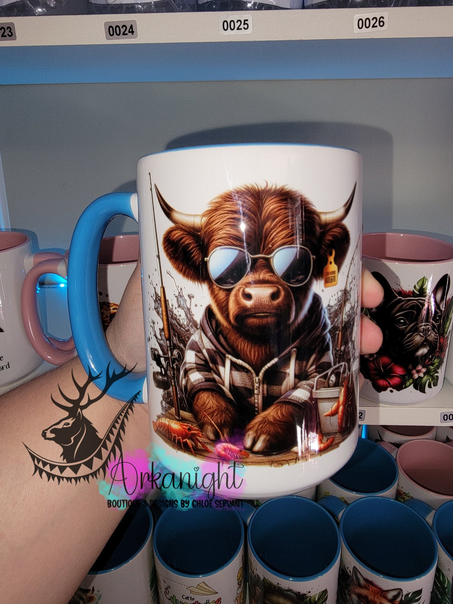 Tasse en céramique sur commande - Highland Cow - Pêche homard - Bleu/Gris