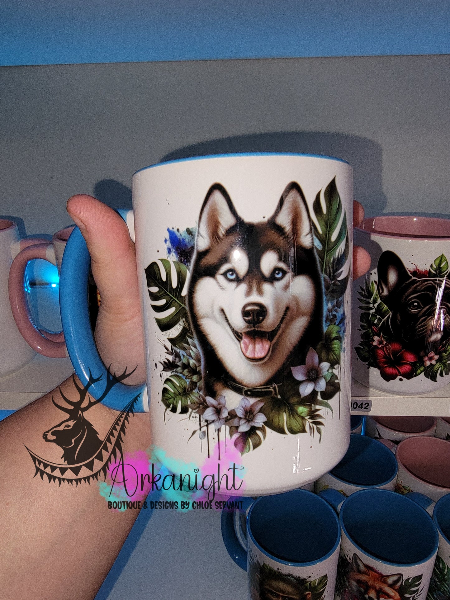 Tasse en céramique sur commande - Monstera & Chien - Husky