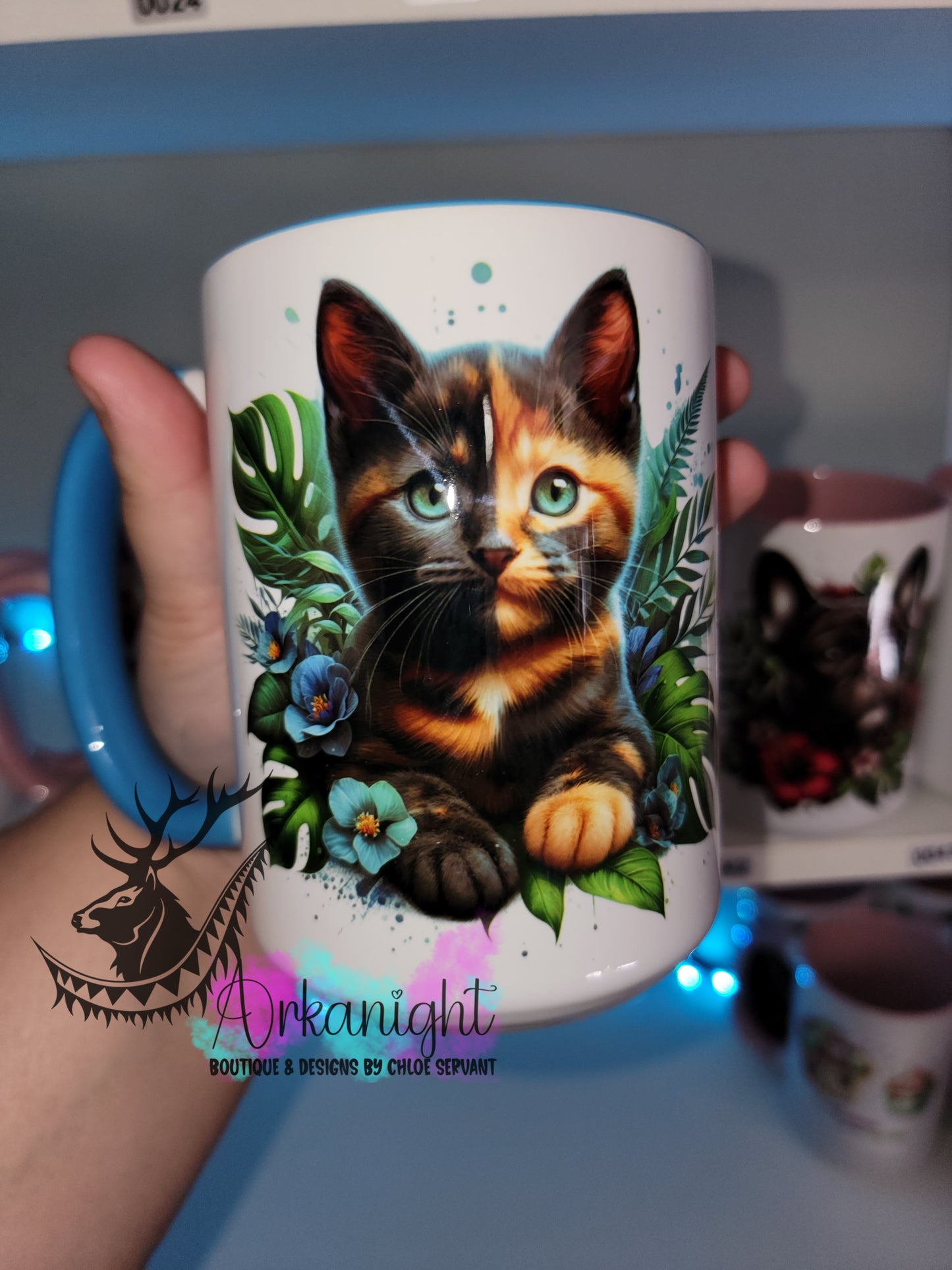 Tasse en céramique sur commande - Monstera & Chaton - Écaille de tortue - poil court