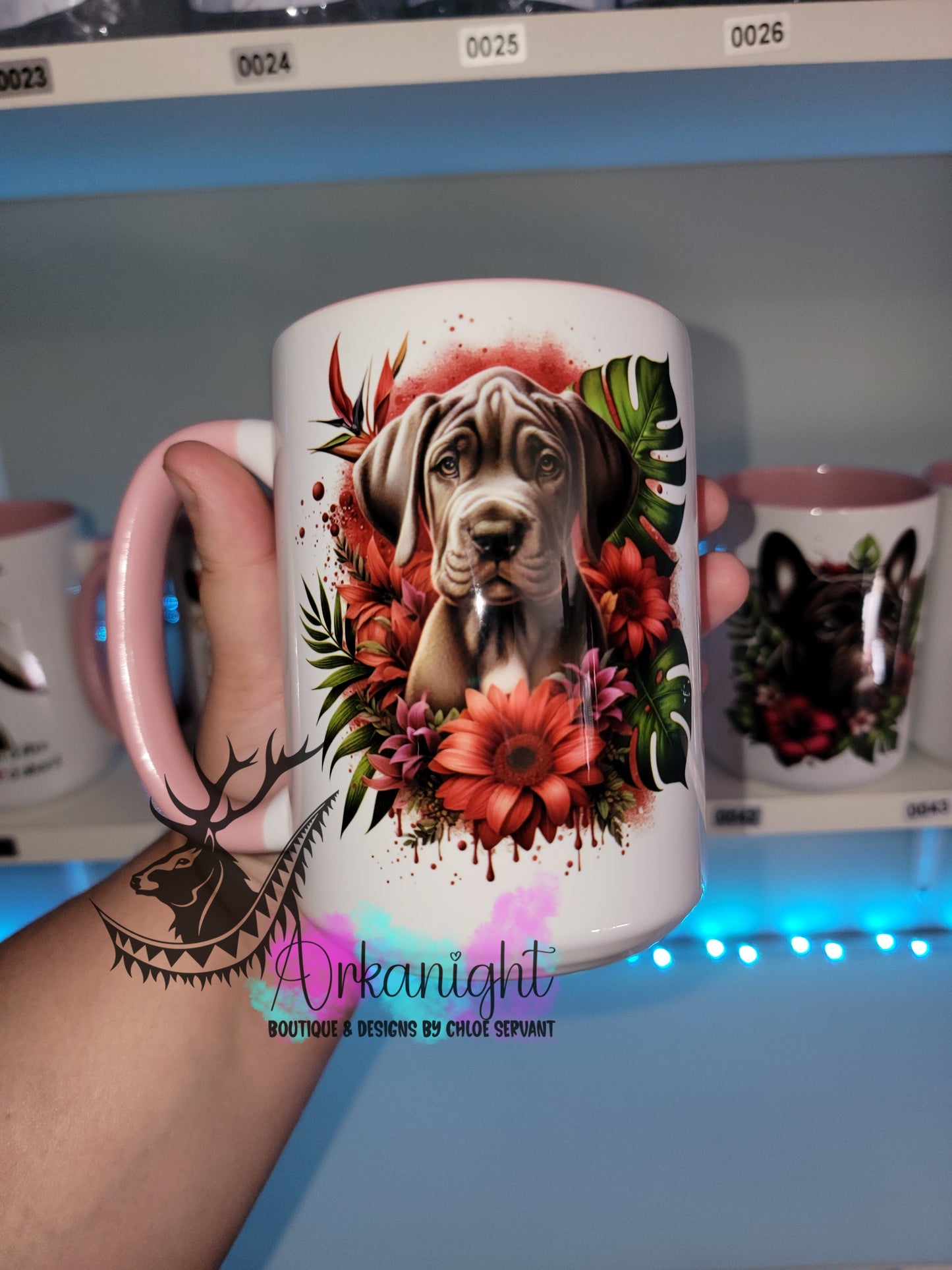 Tasse en céramique sur commande - Monstera & Chiot - Grand Danois gris/Bleu