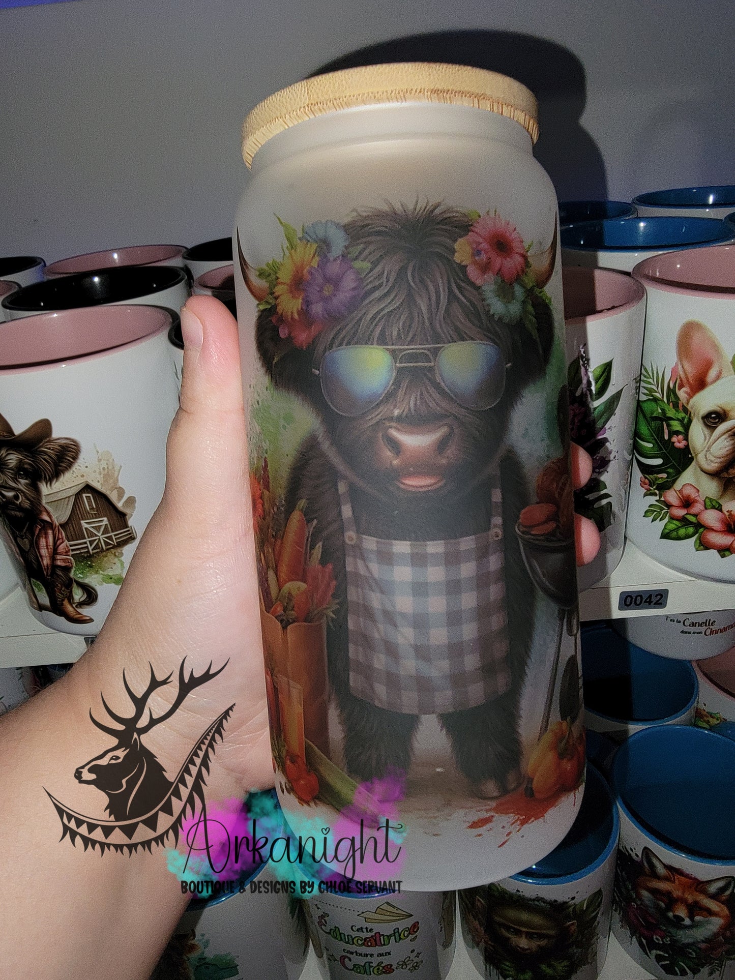 Verre en vitre givré 16oz & Couvercle en Bambou - Highland Cow BBQ