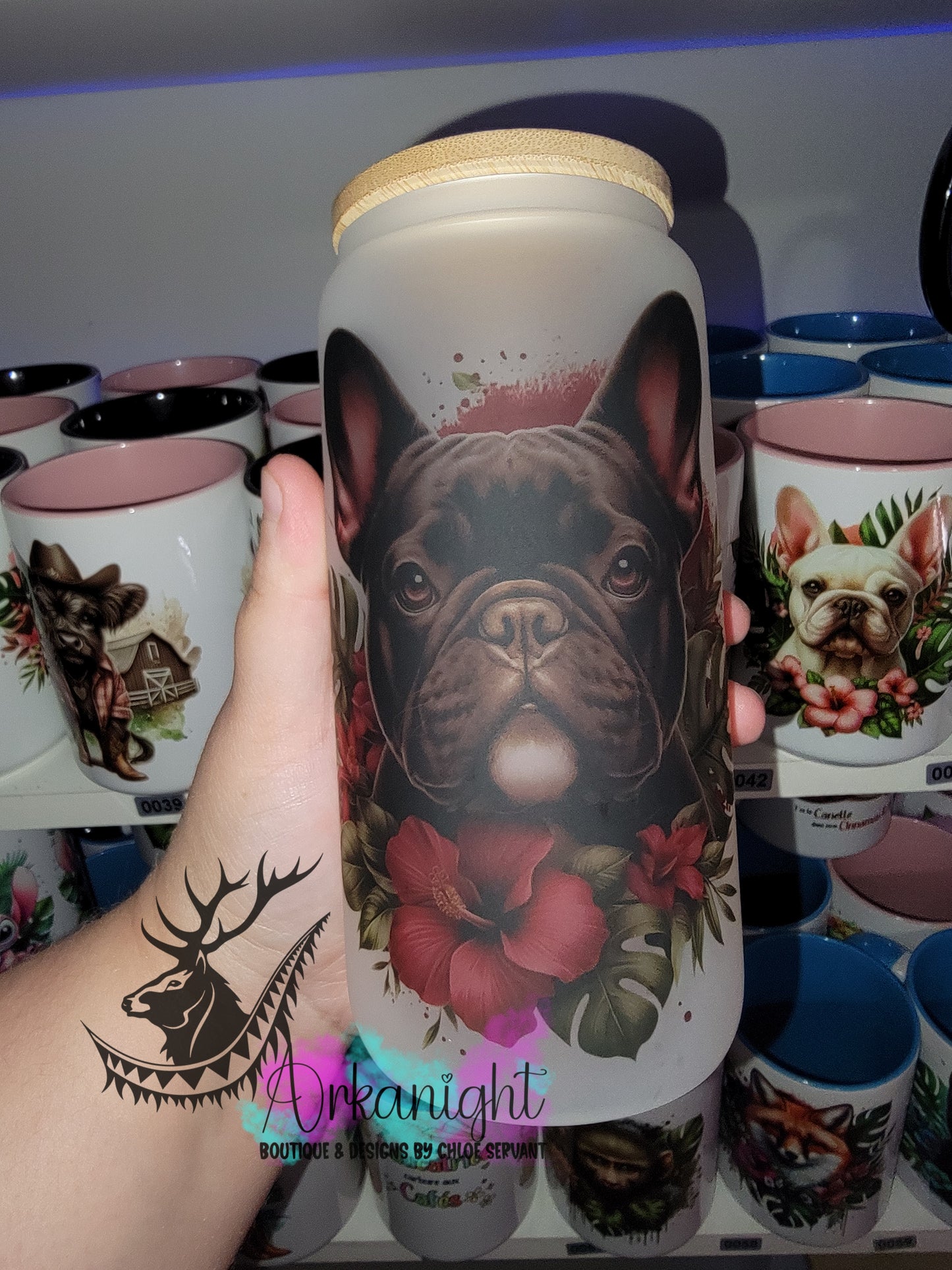 Verre en vitre givré 16oz & Couvercle en Bambou - Frenchie Noir