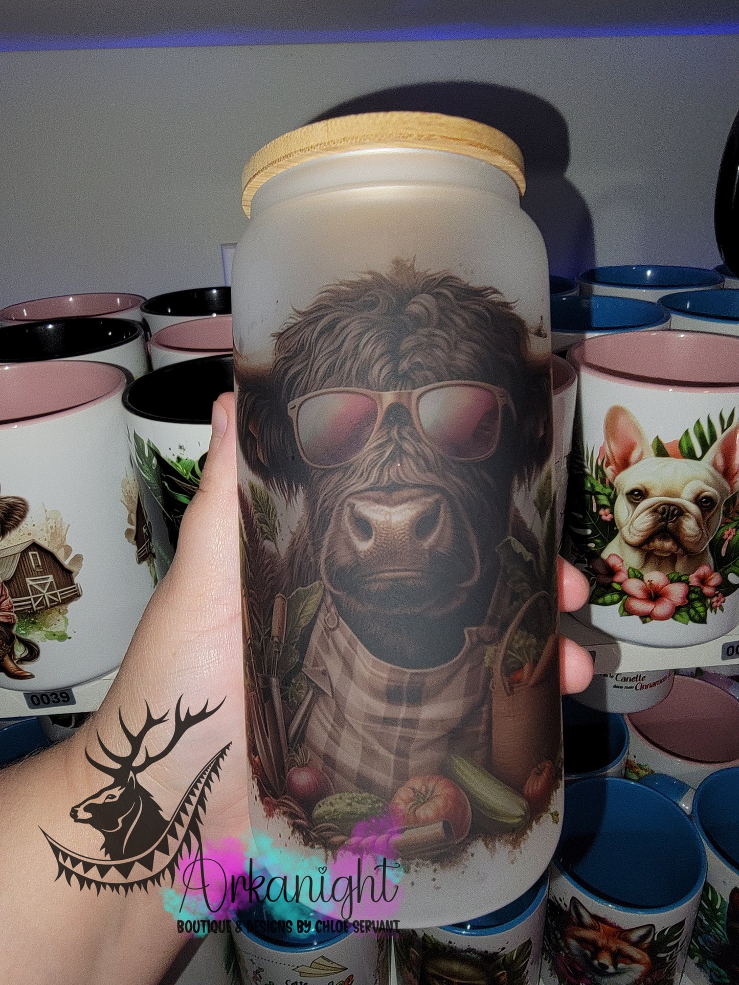 Verre en vitre givré 16oz & Couvercle en Bambou - Highland Cow Jardinage