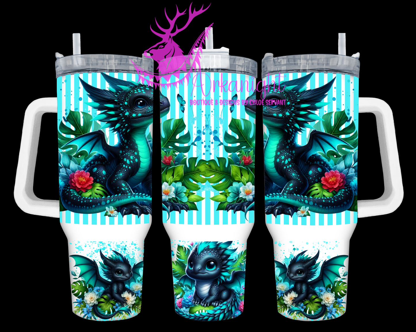 Gourde 40 oz sur commande - Collection Monstera & Bébé Dragon - Turquoise & Noir