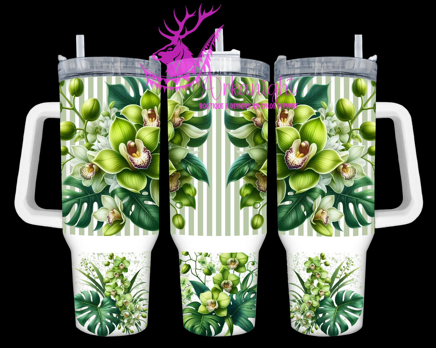 Gourde 40 oz sur commande - Collection Monstera & Fleurs - Orchidées Vertes