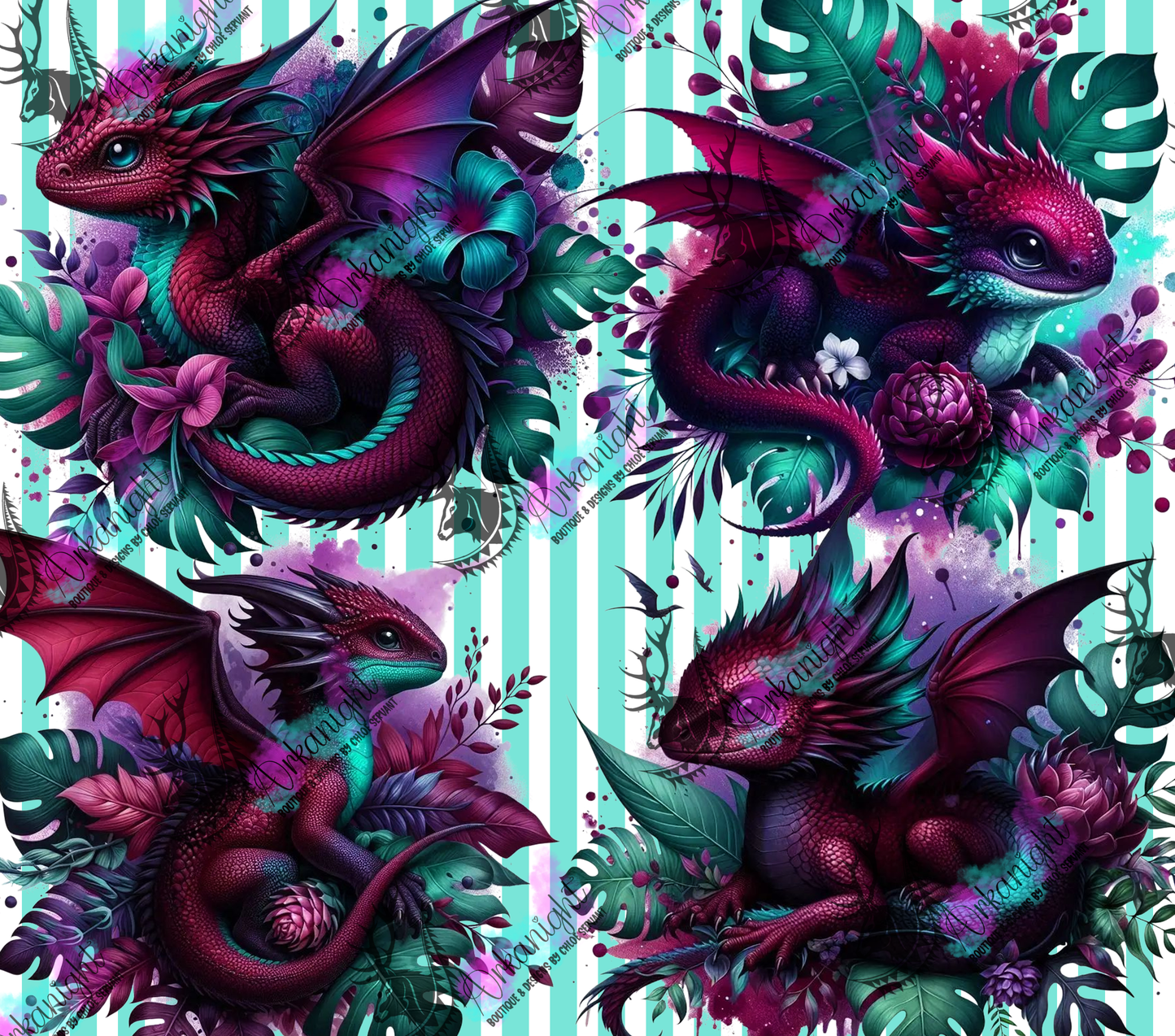 Numérique - Collection Monstera & Bébé Dragon - Bourgogne & Turquoise