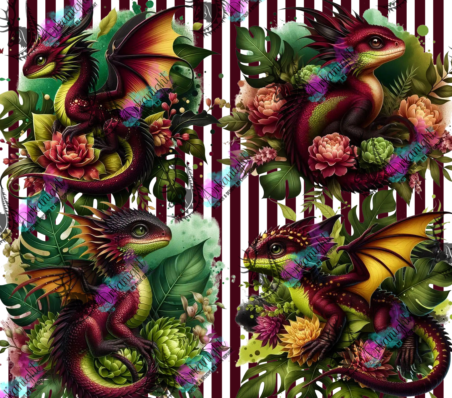 Numérique - Collection Monstera & Bébé Dragon - Bourgogne, Jaune et Vert