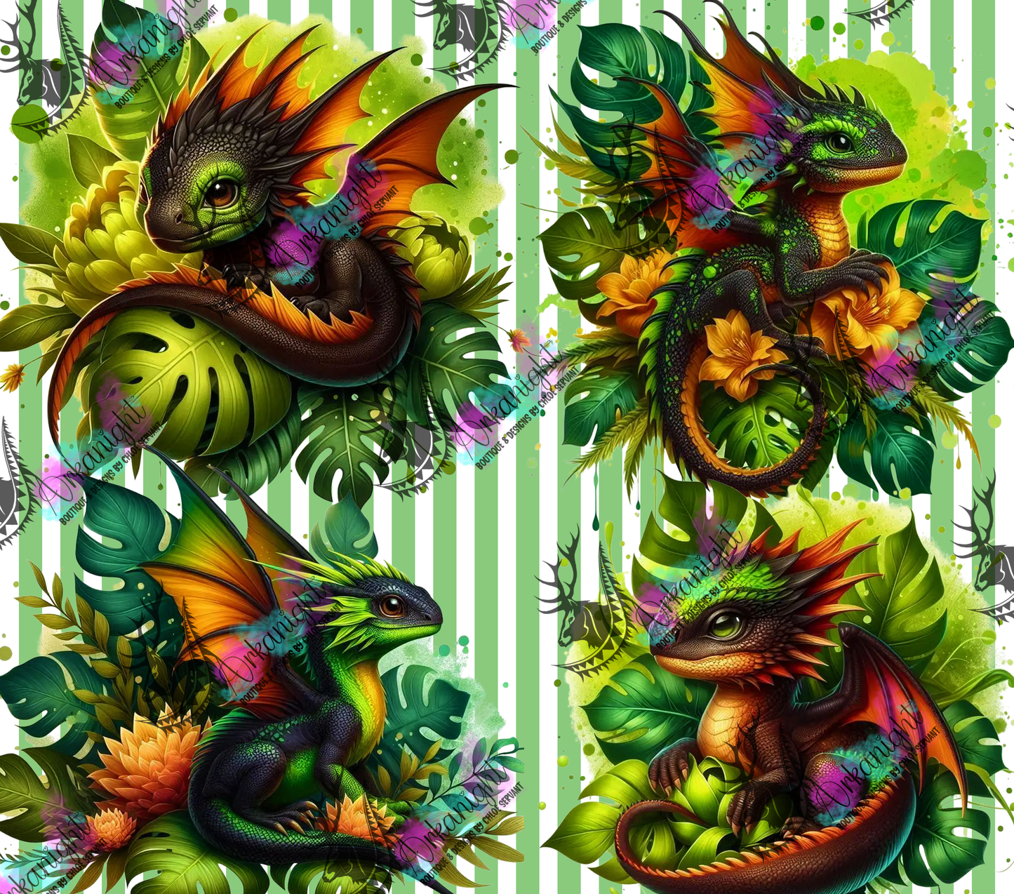 Numérique - Collection Monstera & Bébé Dragon - Noir, Vert et Orange