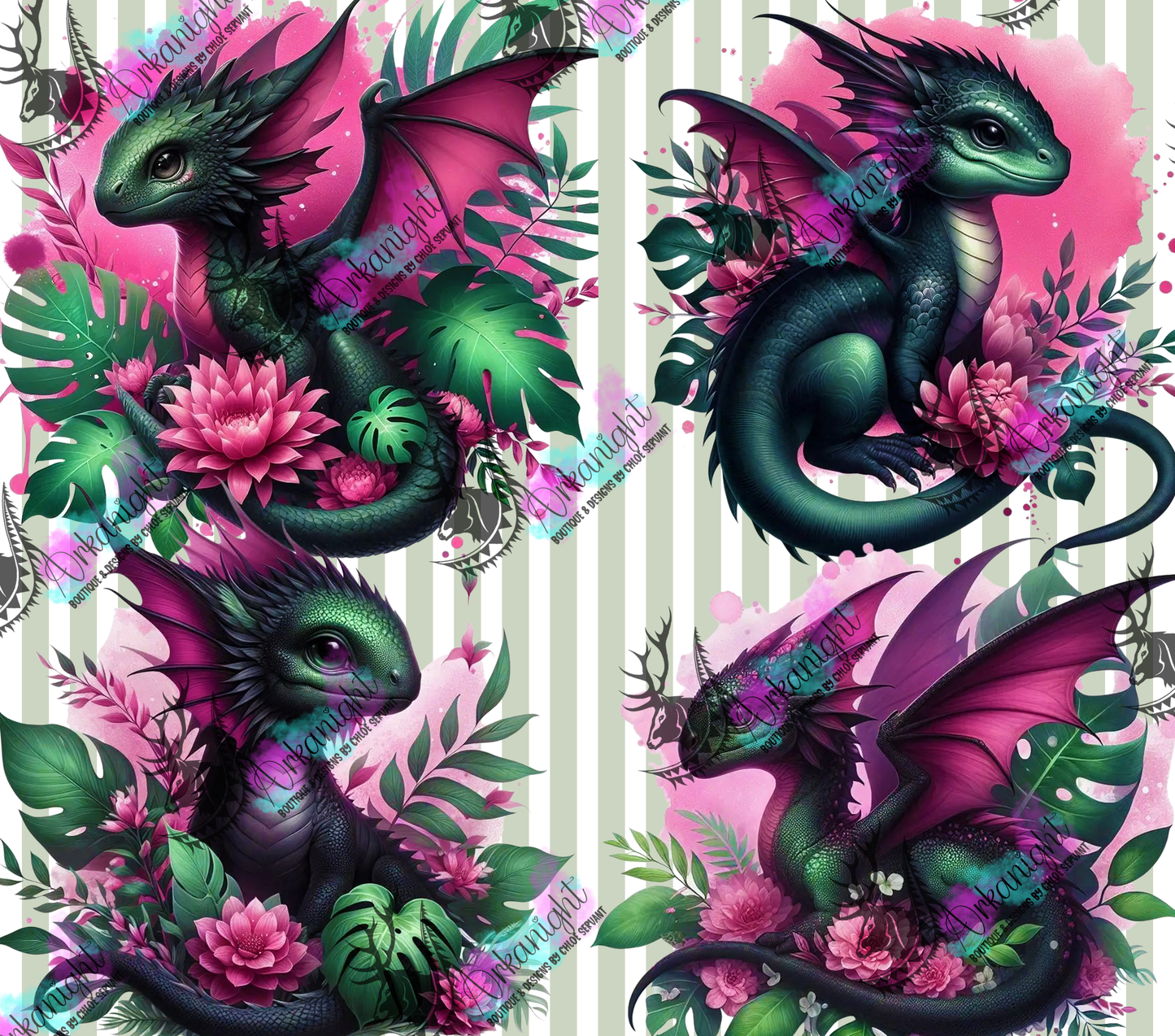 Numérique - Collection Monstera & Bébé Dragon - Fushia & Vert Forêt