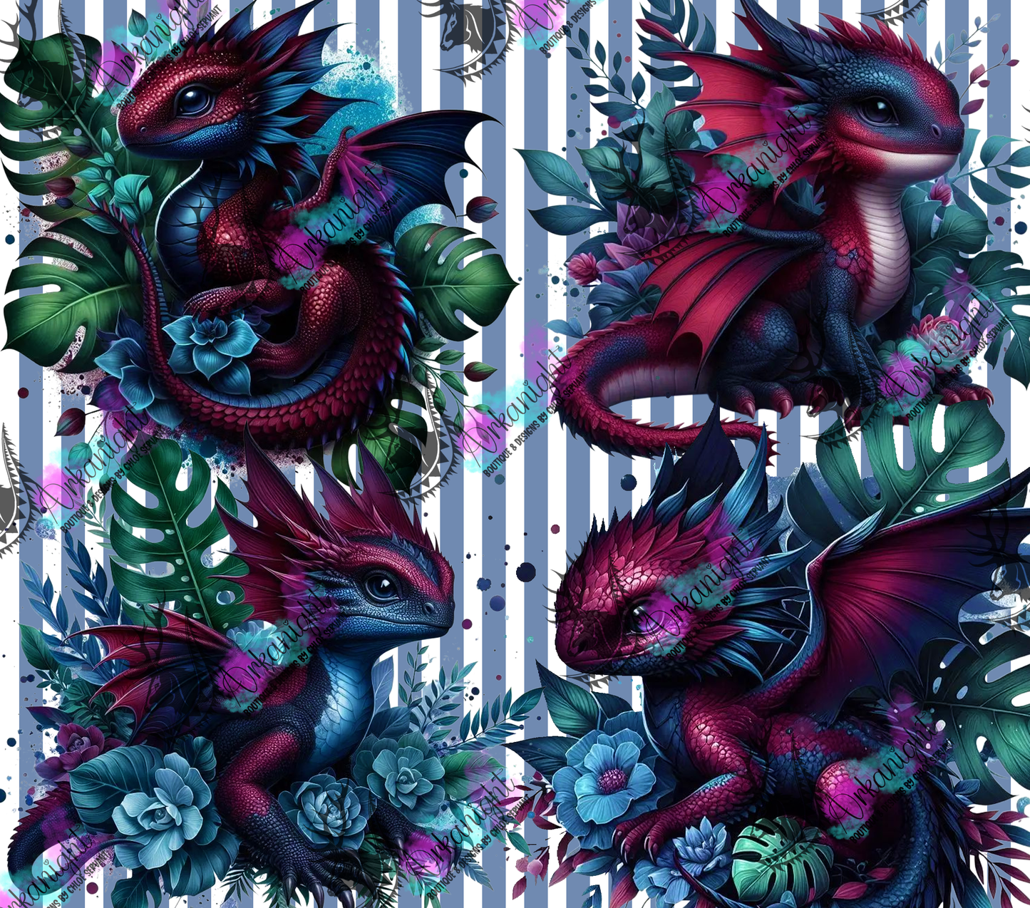 Numérique - Collection Monstera & Bébé Dragon - Bourgogne & Bleu Marine