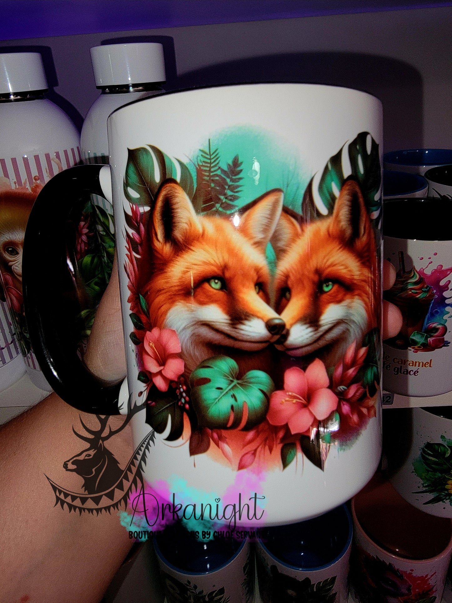 Tasse en céramique sur commande - Monstera & Animals - Couple de Renards