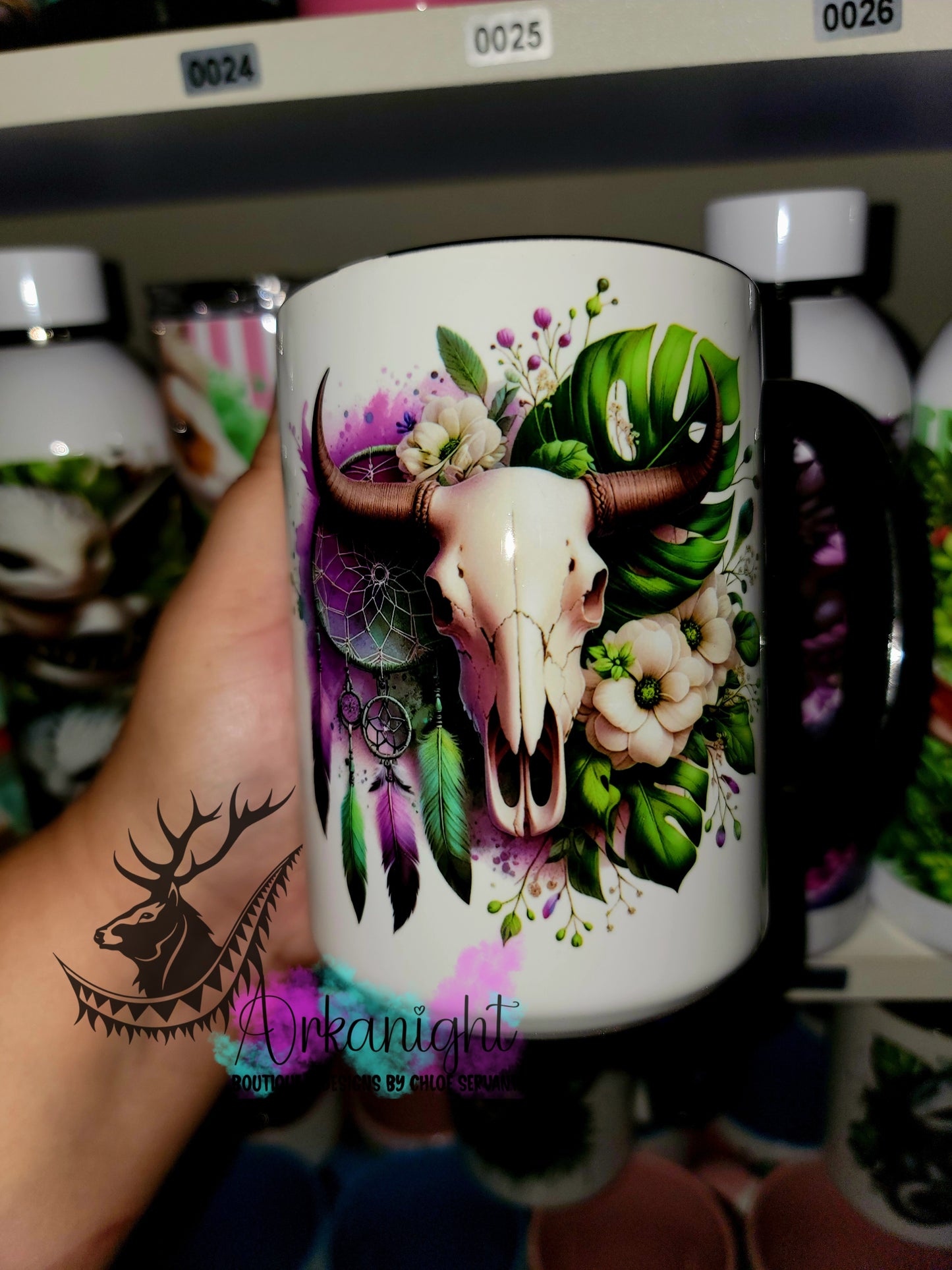 Tasse en céramique sur commande - monstera & Bramabull ( Mauve & vert)