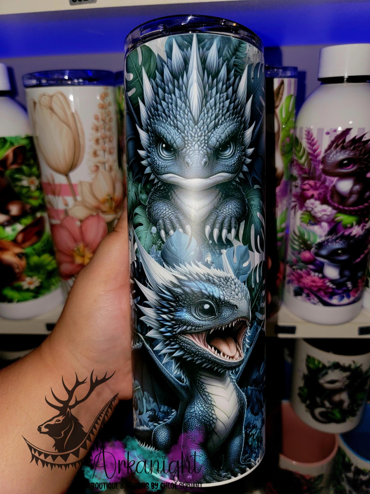 Gourde sur commande - Collection Monstera & Bébé Dragon - Bleu Navy & Gris