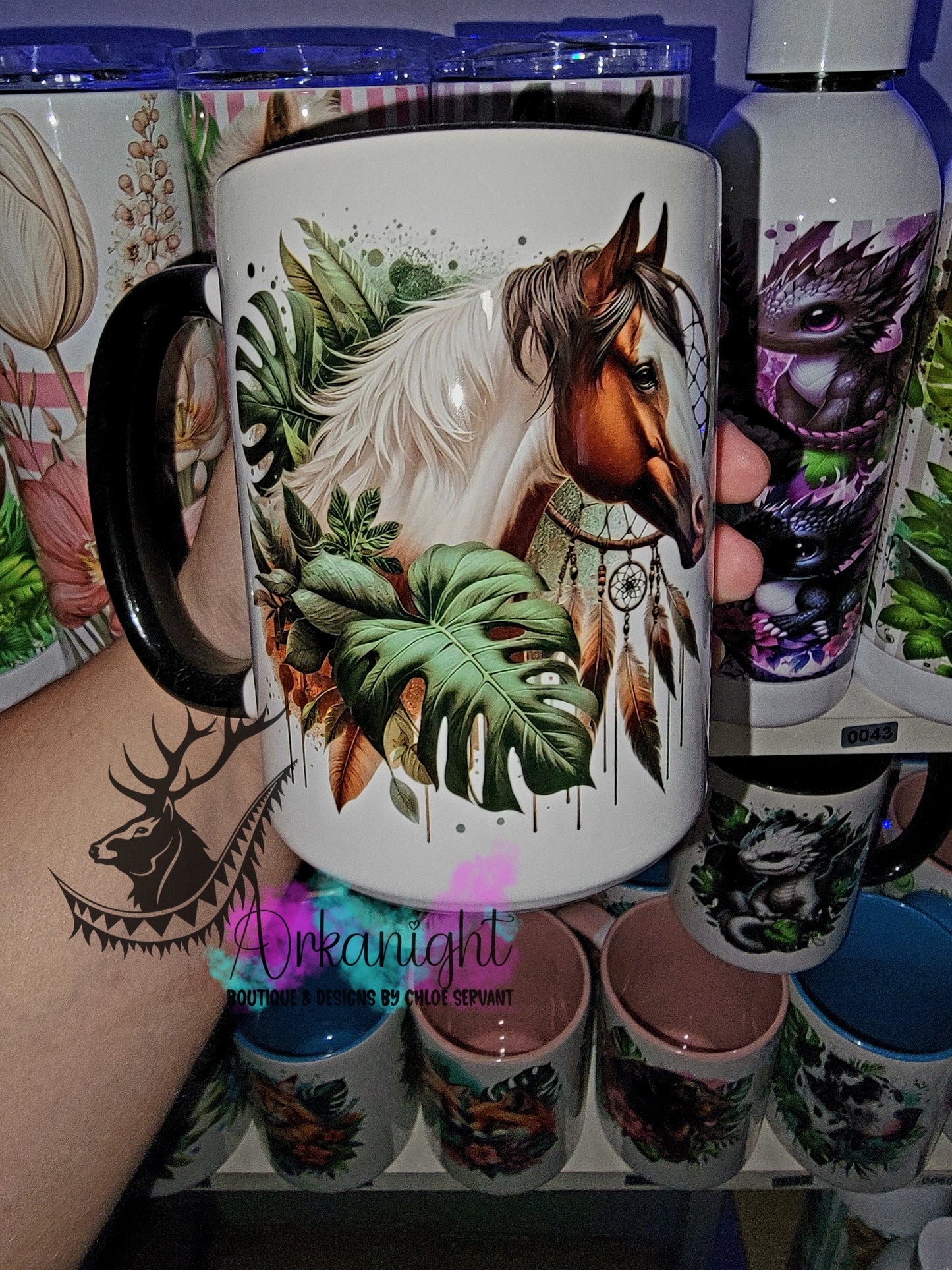 Tasse en céramique sur commande - Dreamcatcher boho paint horse ( brun & blanc)
