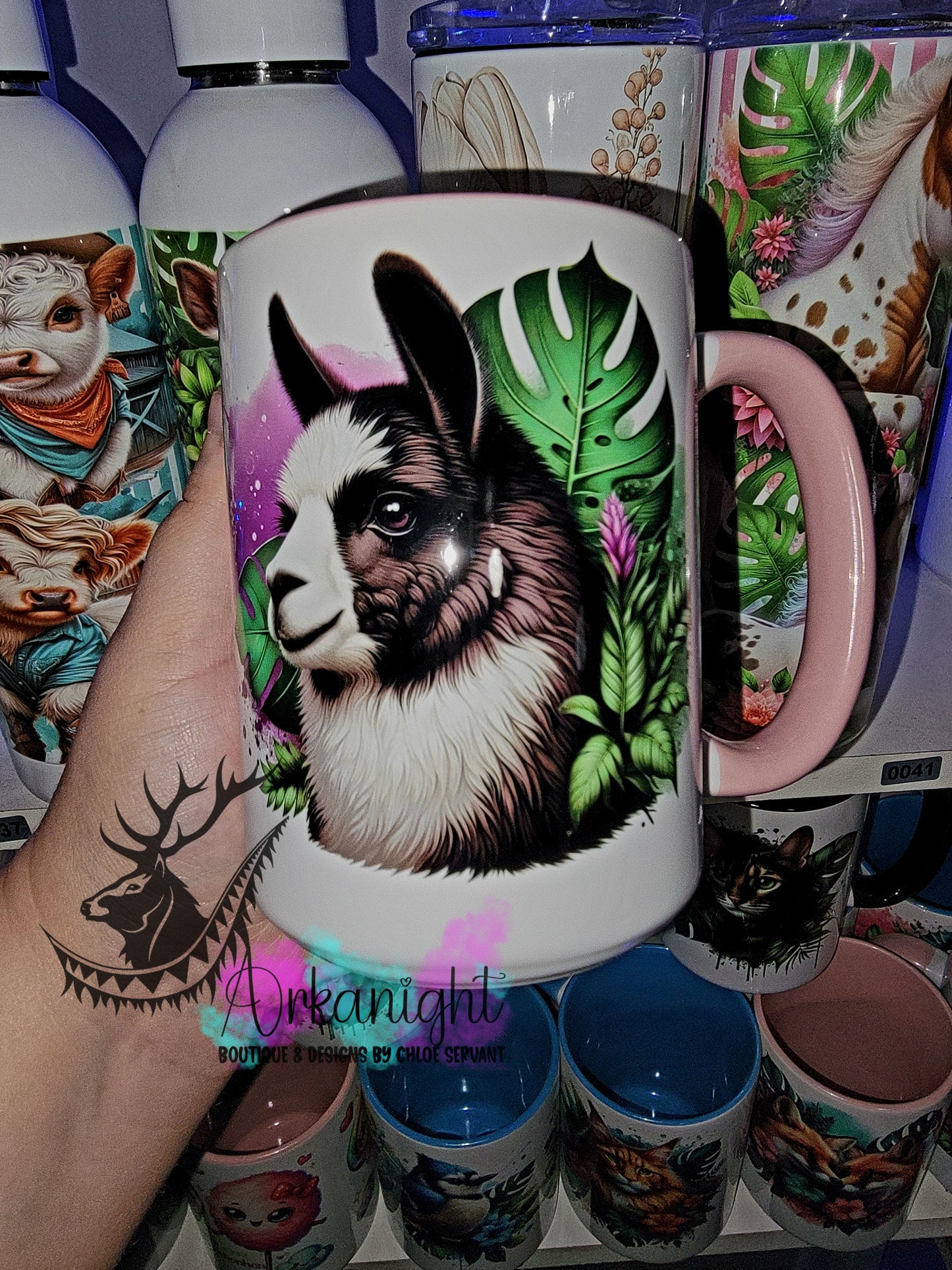 Tasse en céramique sur commande - Monstera & Lhama Noir et blanc