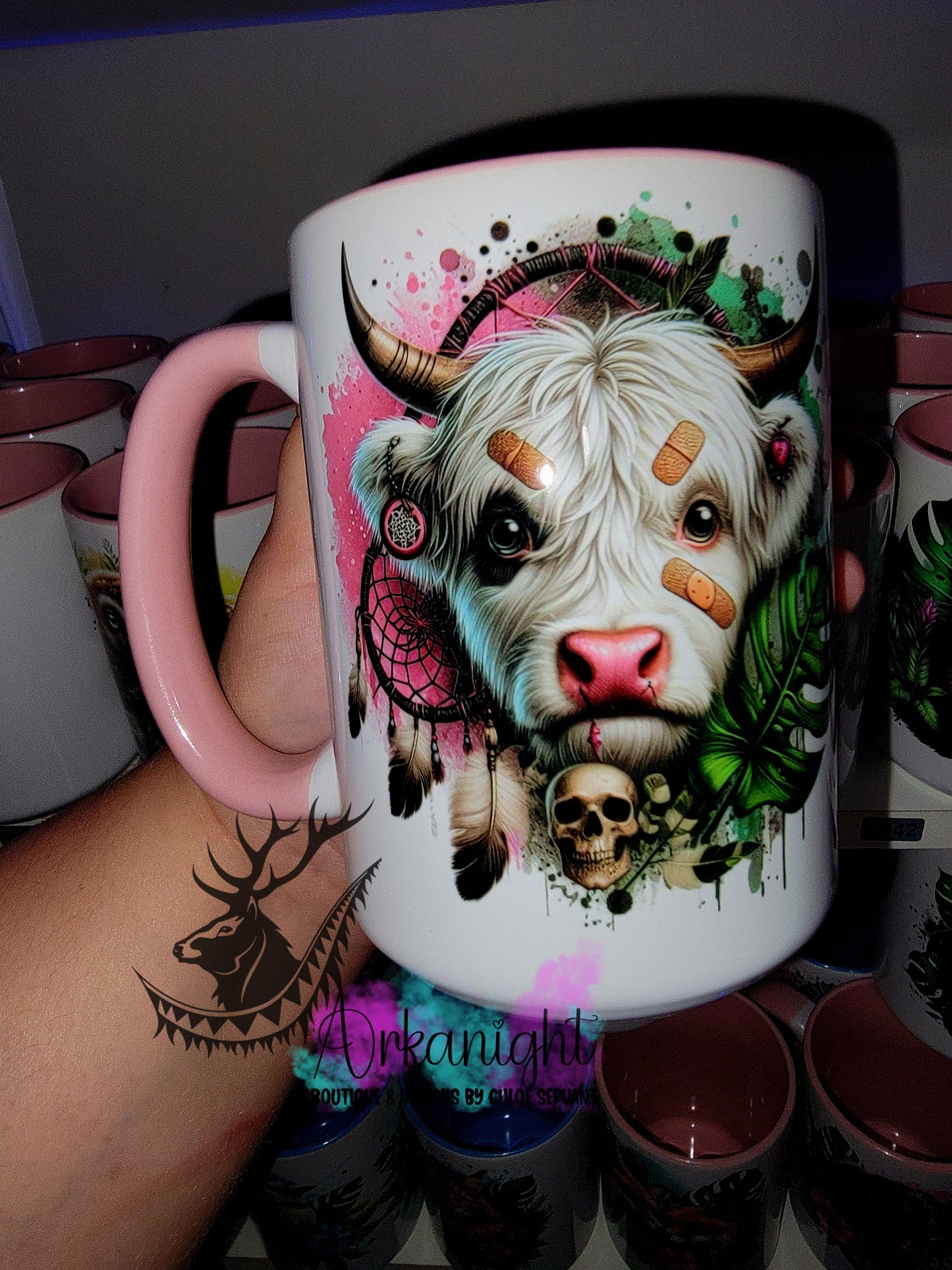 Tasse en céramique sur commande - Vache Highland Blanche Horror