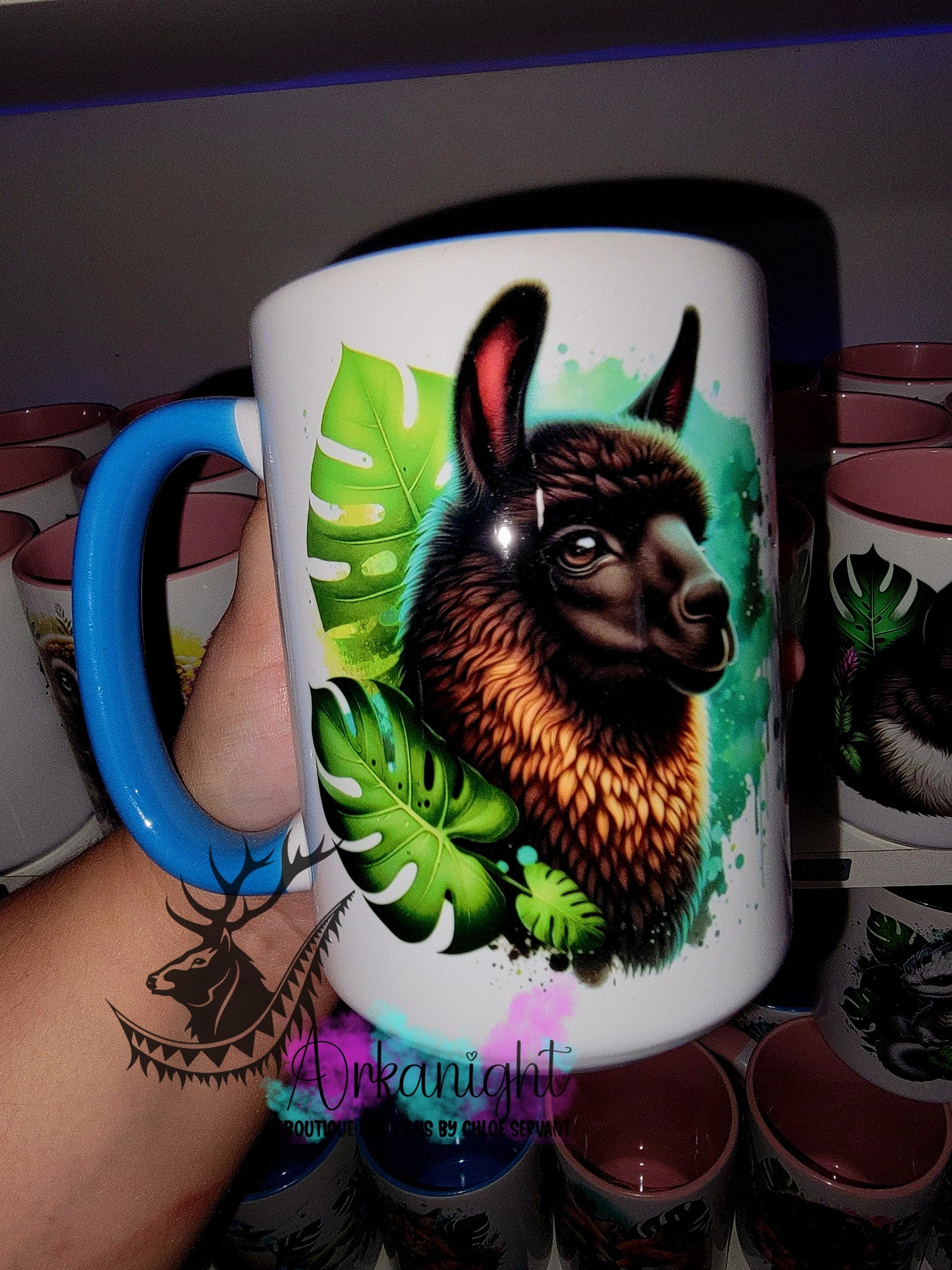 Tasse en céramique sur commande - Monstera & Lhama Noir et brun