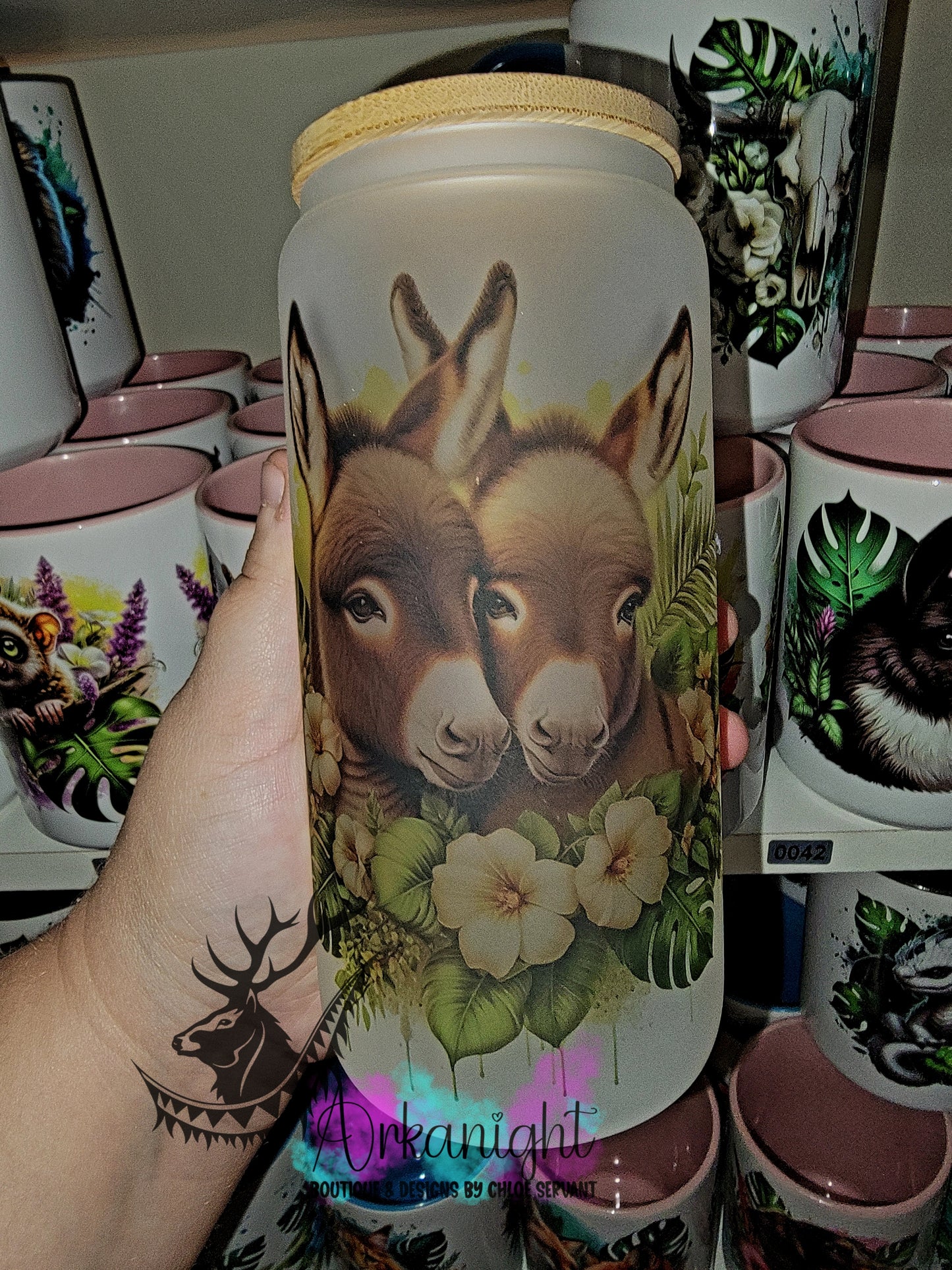 Verre en vitre givré 16oz & Couvercle en Bambou - Couple D'âne