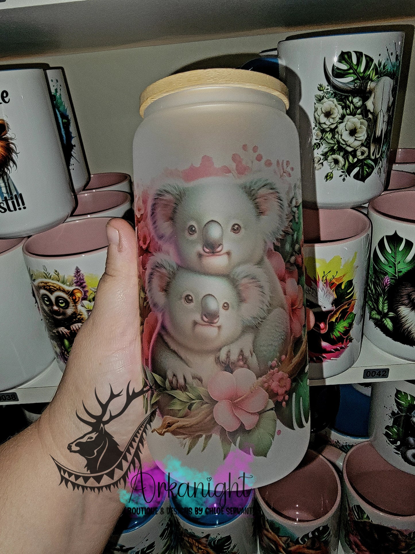 Verre en vitre givré 16oz & Couvercle en Bambou - Couple de Koala