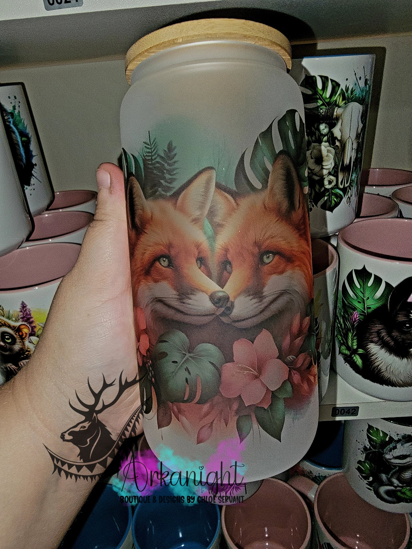 Verre en vitre givré 16oz & Couvercle en Bambou - Couple de Renard