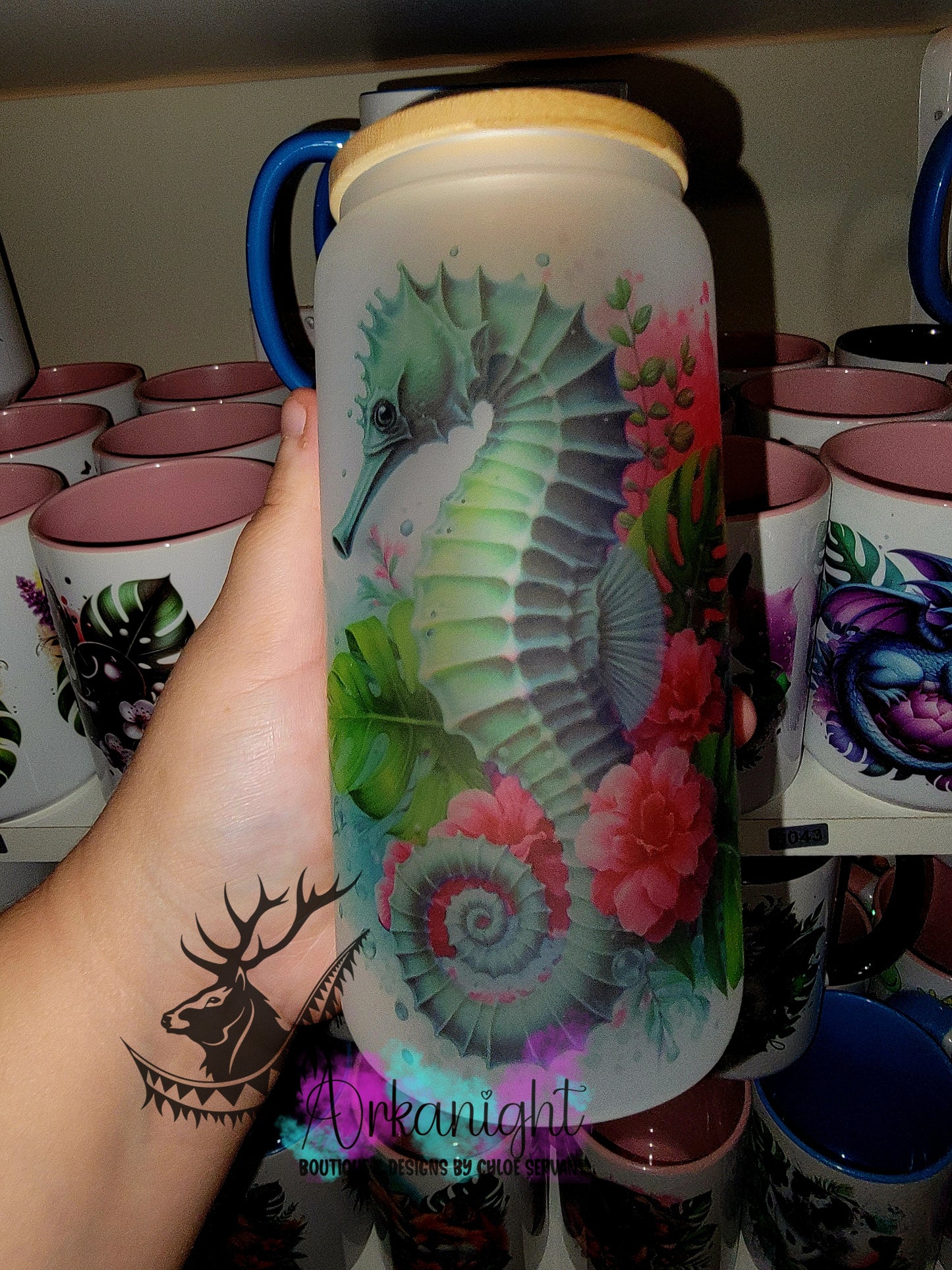 Verre en vitre givré 16oz & Couvercle en Bambou - Hippocampe