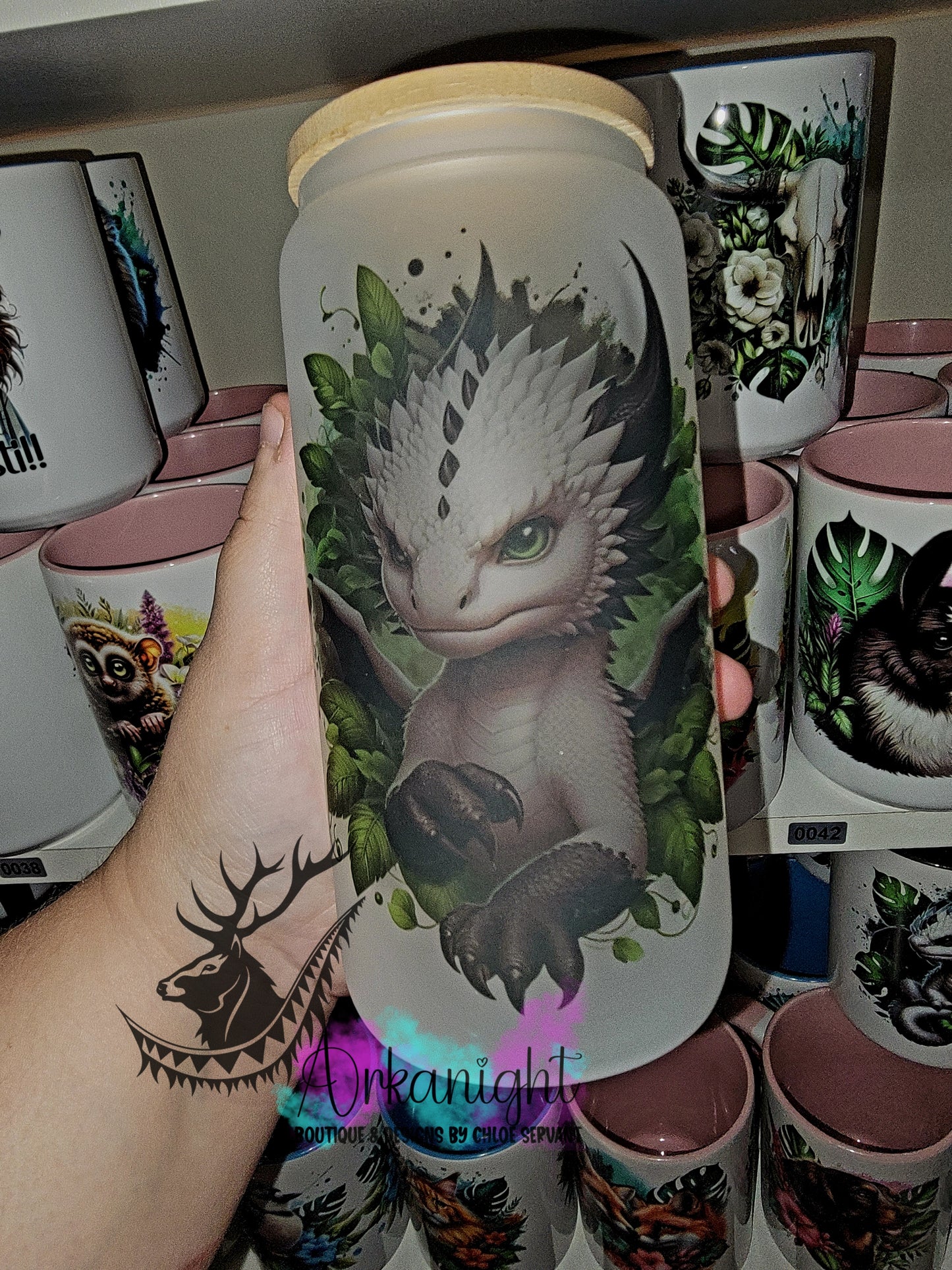 Verre en vitre givré 16oz & Couvercle en Bambou - Dragon Bland & Bleu Marine