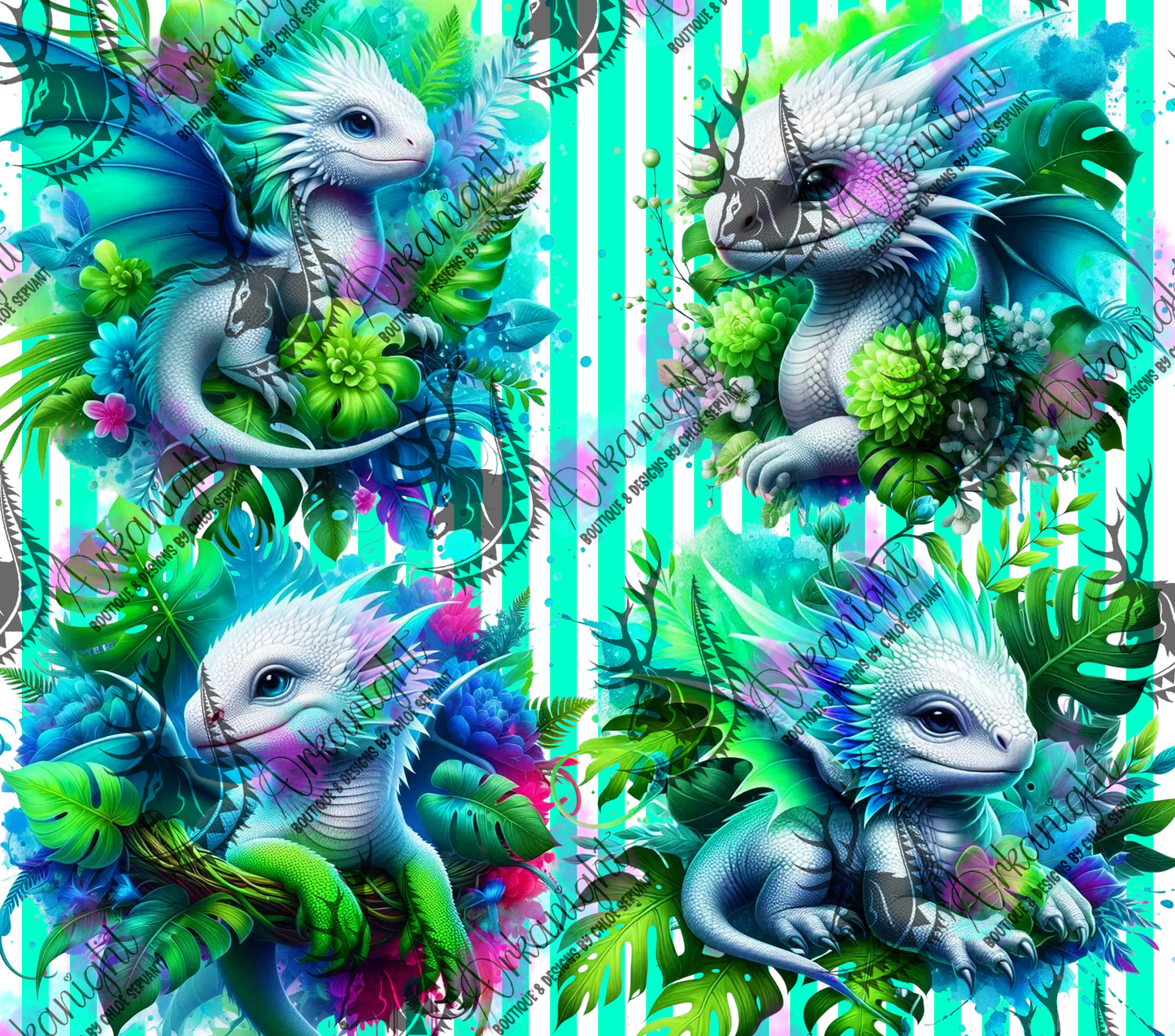 Numérique - Collection Monstera & Bébé Dragon- Blanc , Turquoise & Vert Néon