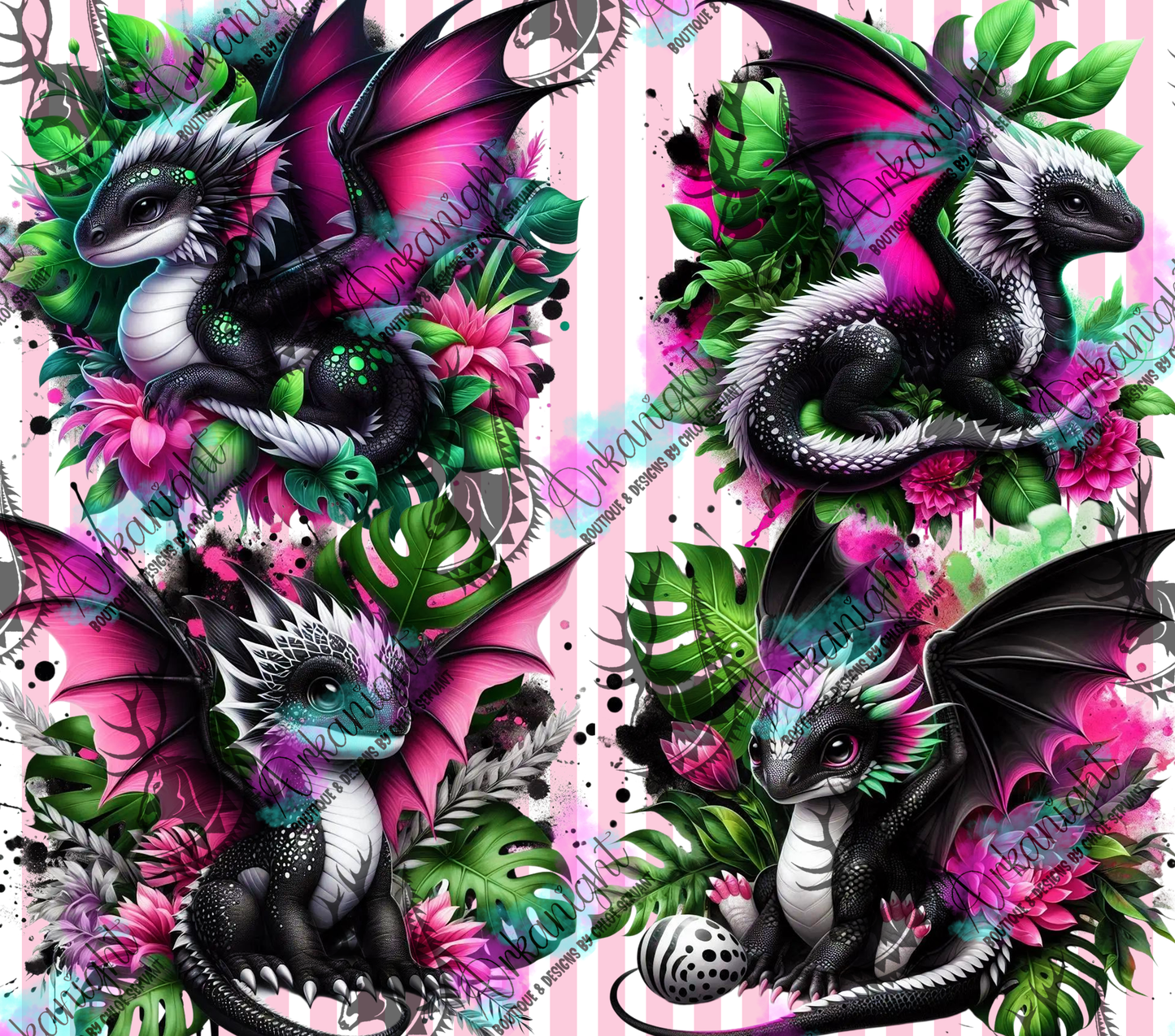 Numérique - Collection Monstera & Bébé Dragon- Noir, Blanc & Rose