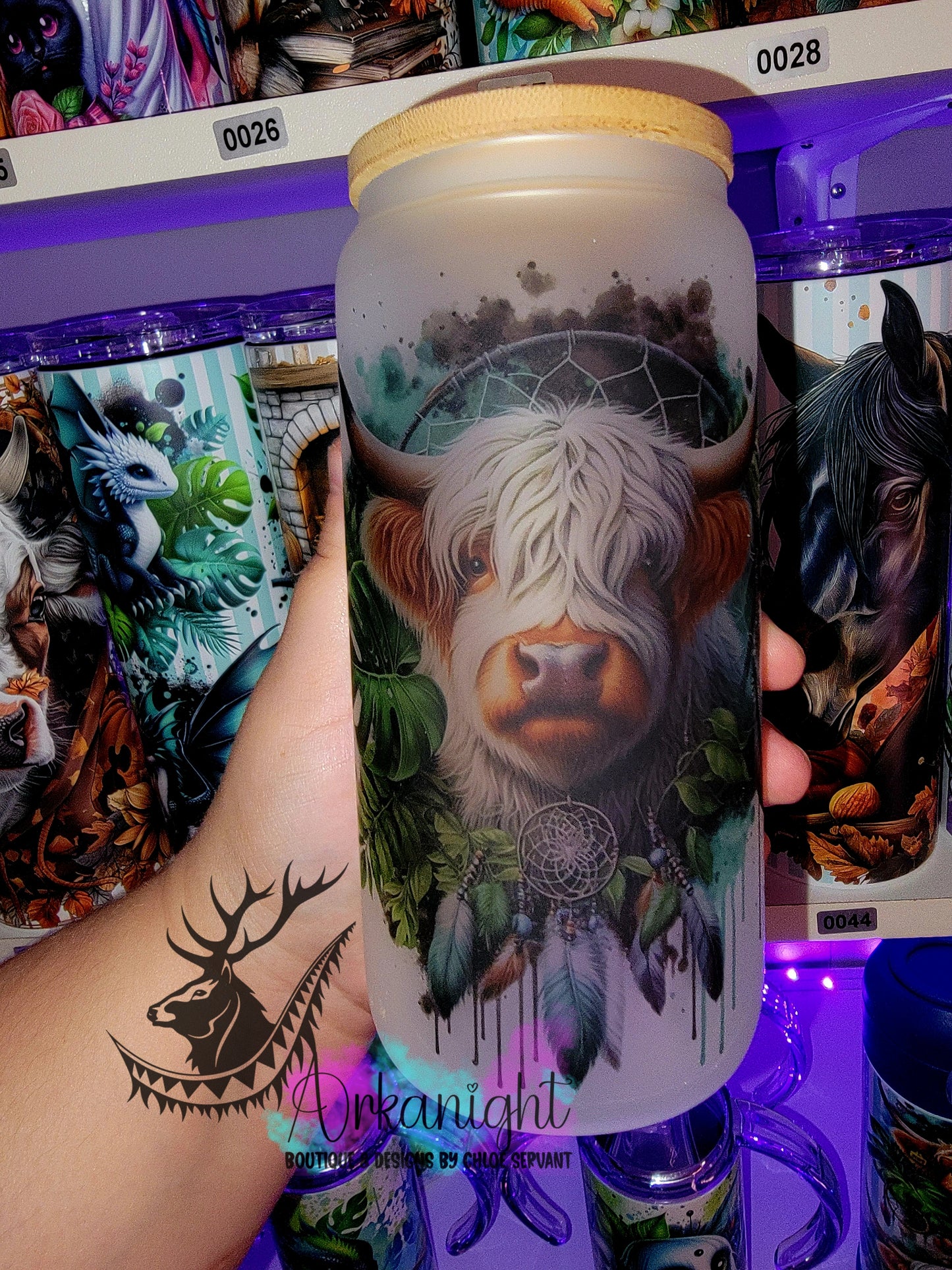 Verre en vitre givré 16oz & Couvercle en Bambou - Vache Highland Grise Boho