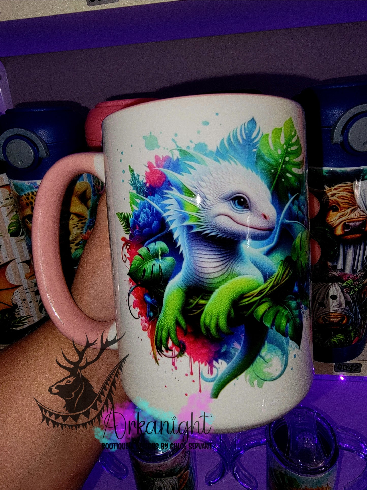 Tasse en céramique sur commande - Bébé Dragon Blanc, Vert & Turquoise