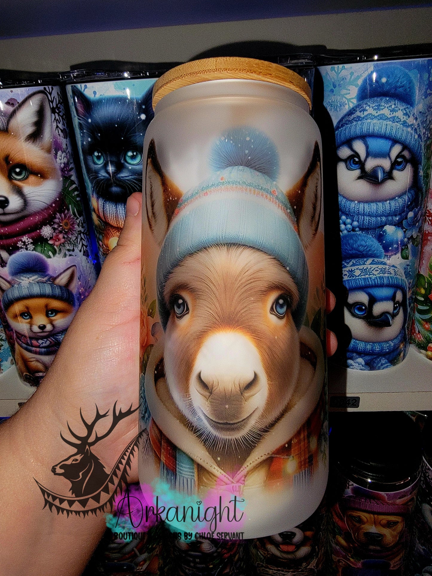 Verre en vitre givré 16oz & Couvercle en Bambou - Collection Hiver 2025 - Âne