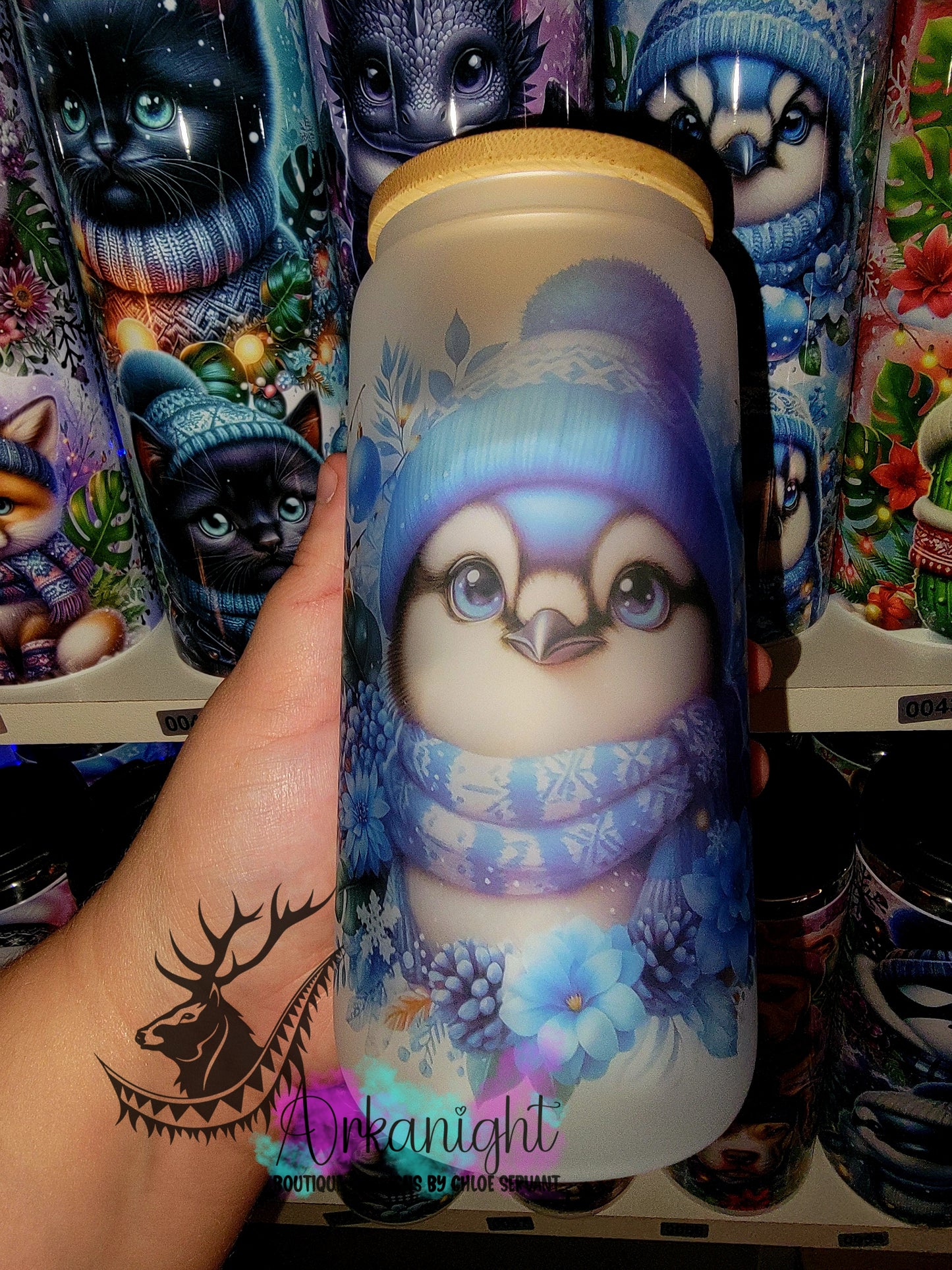 Verre en vitre givré 16oz & Couvercle en Bambou - Collection Hiver 2025 - Bébé Geai Bleu