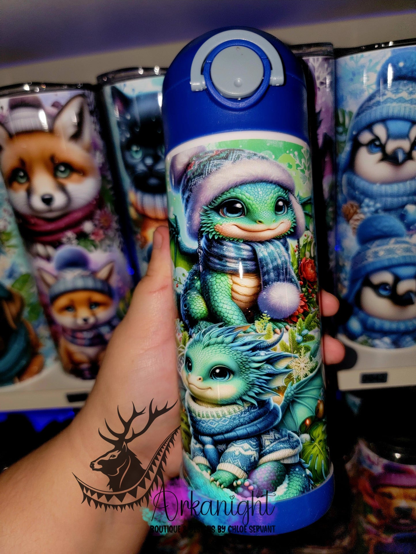 Gourde pour enfant - Sur Commande - Dragon Vert & Turquoise d'hiver