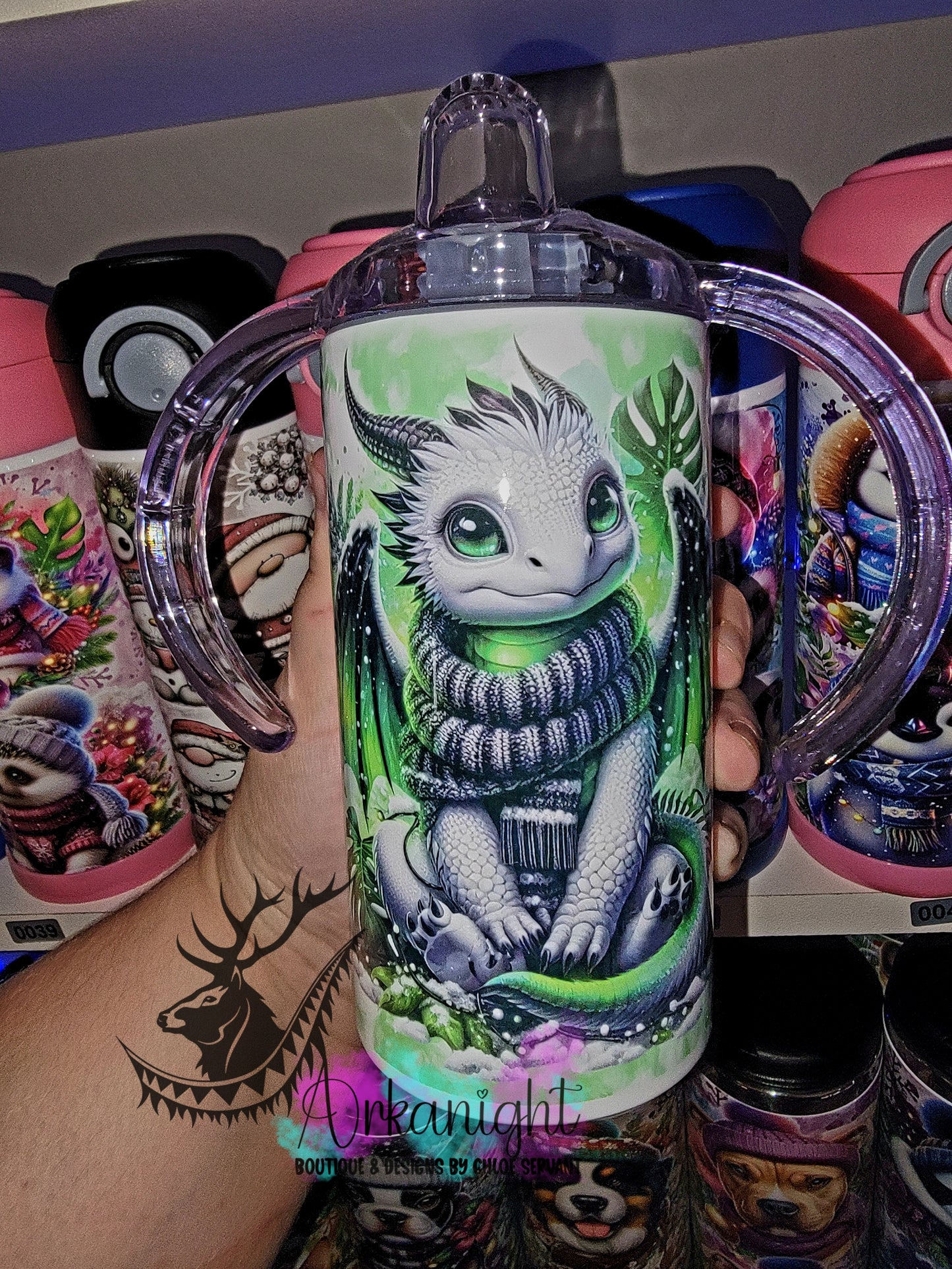 Gourde - Biberon Évolutif sur commande - Dragon d'Hiver Blanc & Noir & Vert Fluot