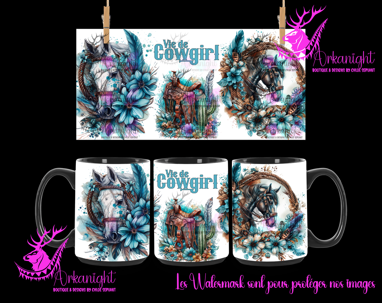 Tasse en céramique sur commande - Vie de Cowgirl- Turquoise