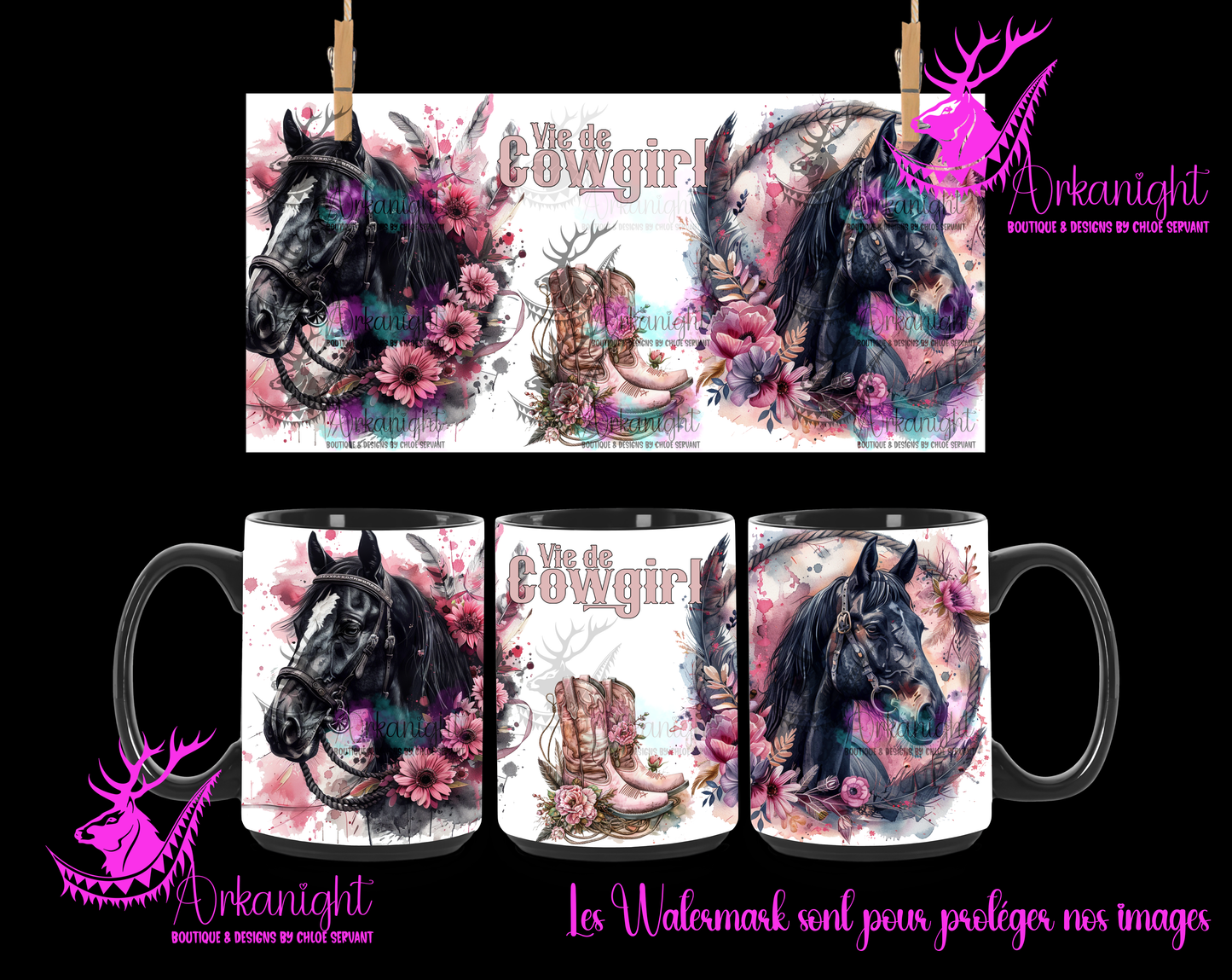 Tasse en céramique sur commande - Vie de Cowgirl - Rose - Chevaux noir