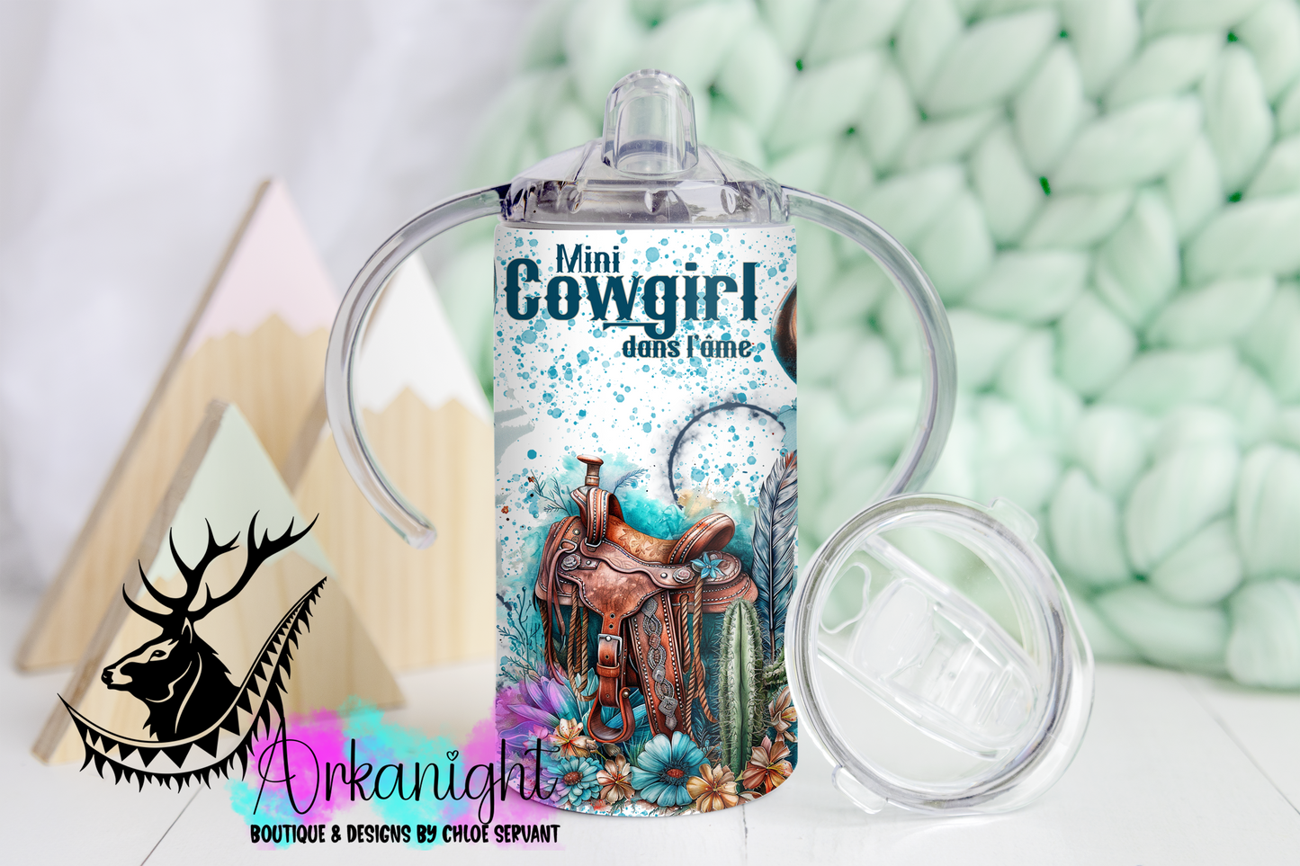 Gourde - Biberon Évolutif sur commande - Watercolor Bramabull- Turquoise - Mini Cowgirl dans l'âme
