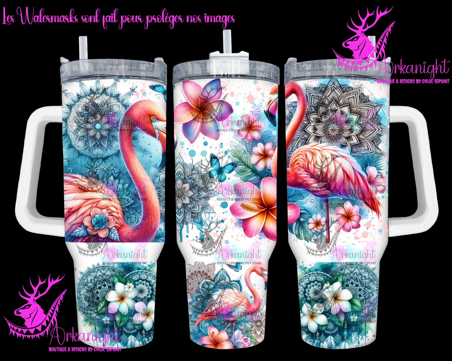 Gourde 40 oz sur commande - Watercolor Mandalas Flamingo