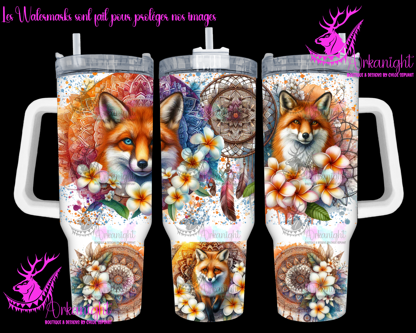 Gourde 40 oz sur commande - Watercolor Mandalas Fox