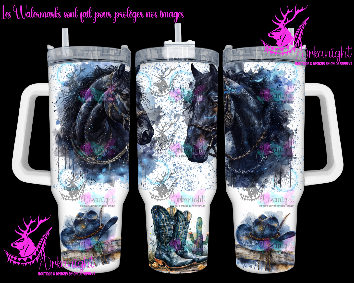 Gourde 40 oz sur commande - Watercolor Black Horse